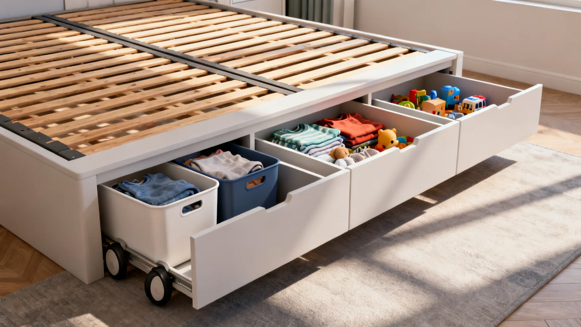Under-bed drawers and rolling bins under a low-profile twin bed for storage