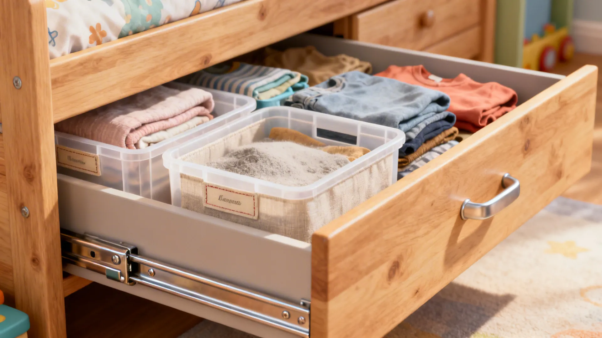 Close-up of built-in under-bed pull-out drawers with removable bins and smooth runners.