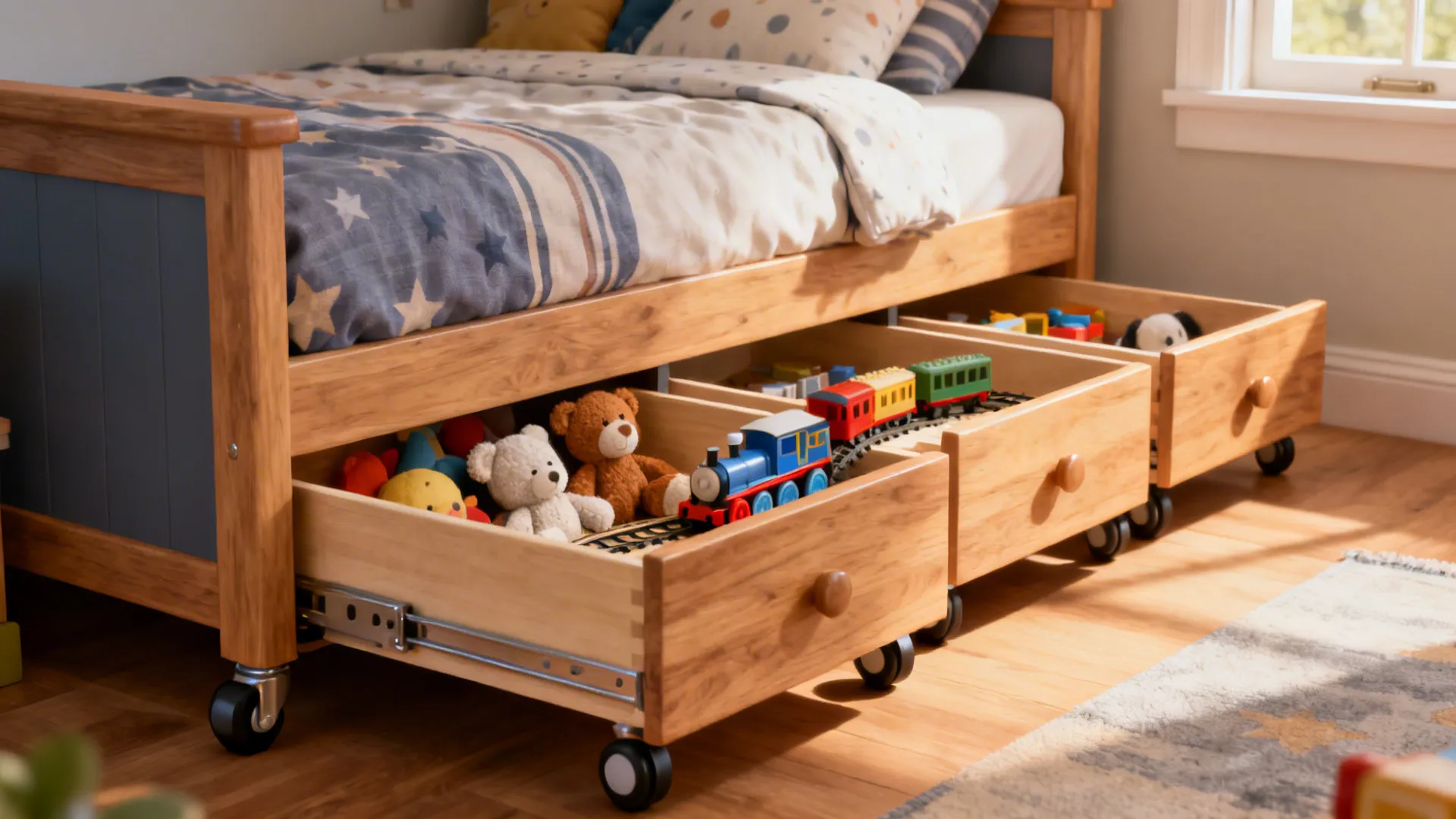 Daybed with three under-bed pull-out drawers storing toys and stuffed animals