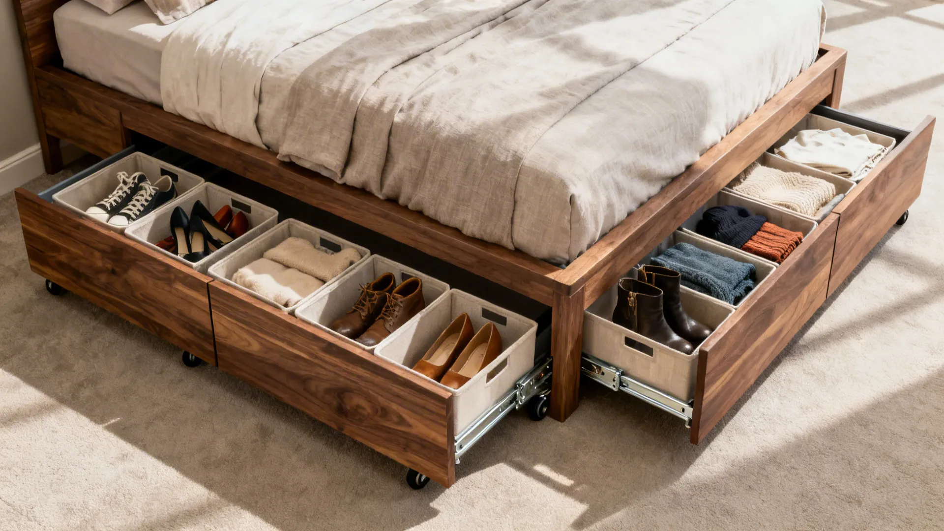 Under-bed pull-out drawers open with neatly stored shoes and bins