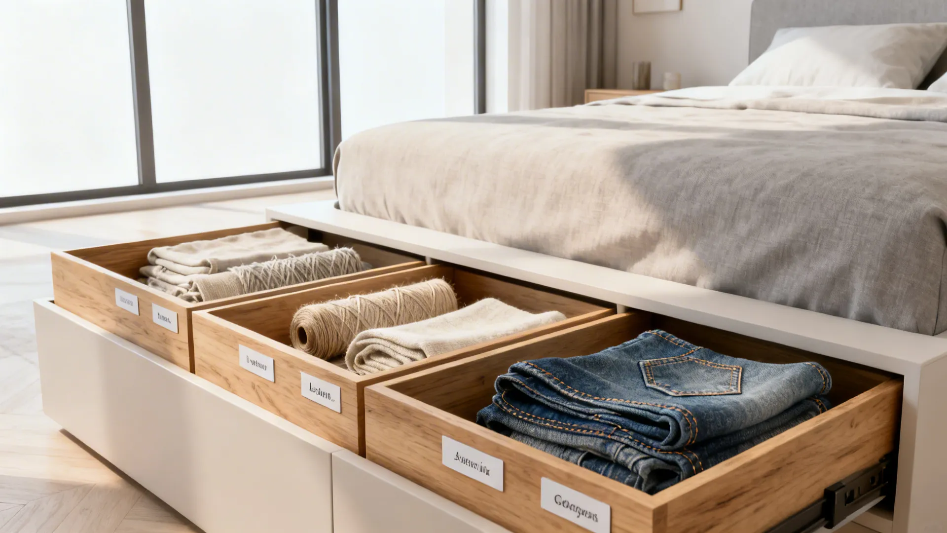 Flat under-bed drawers storing fabric bolts in a compact bedroom