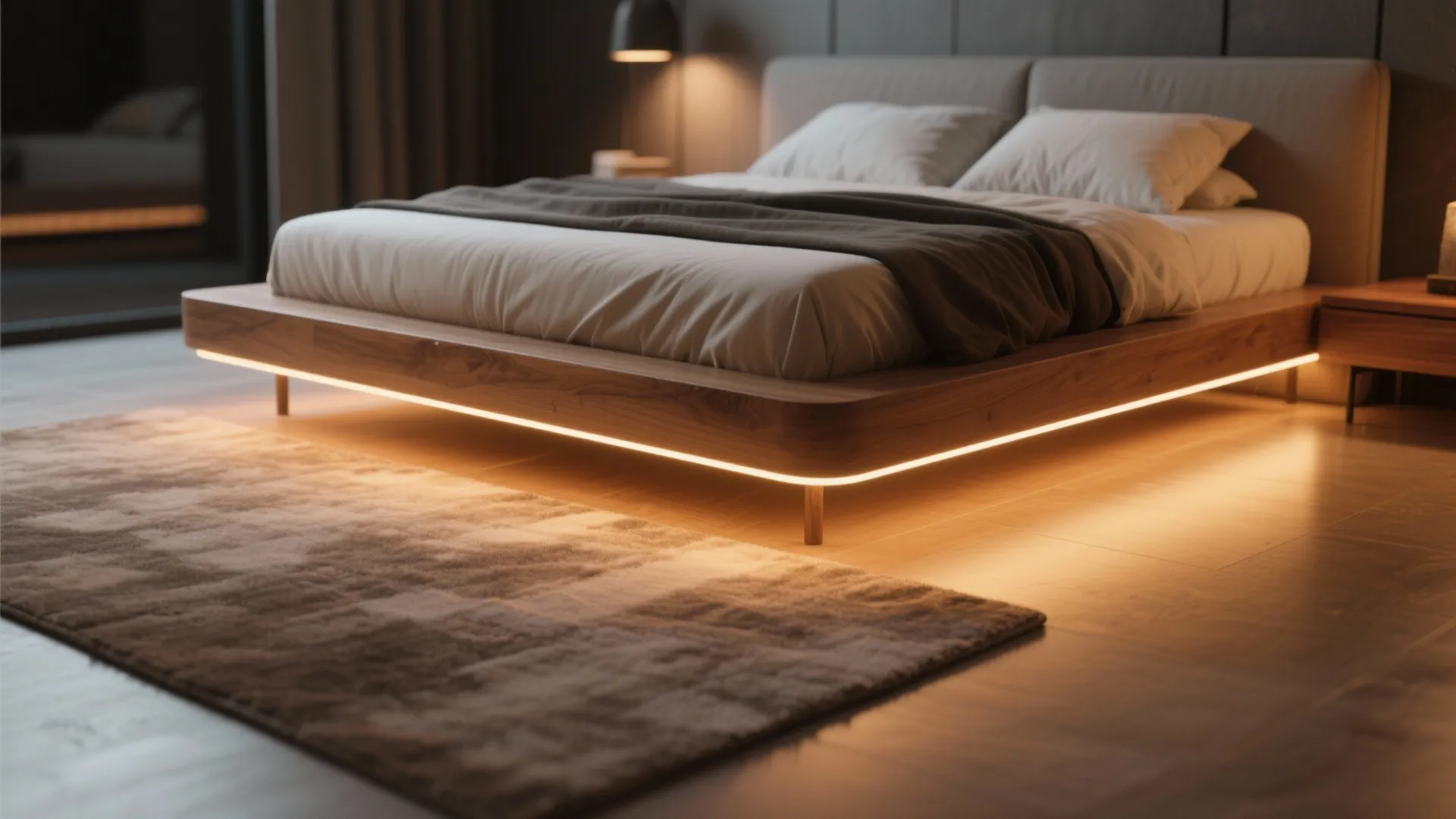 Modern wooden bed frame with warm glowing under bed lights on a brown floor rug