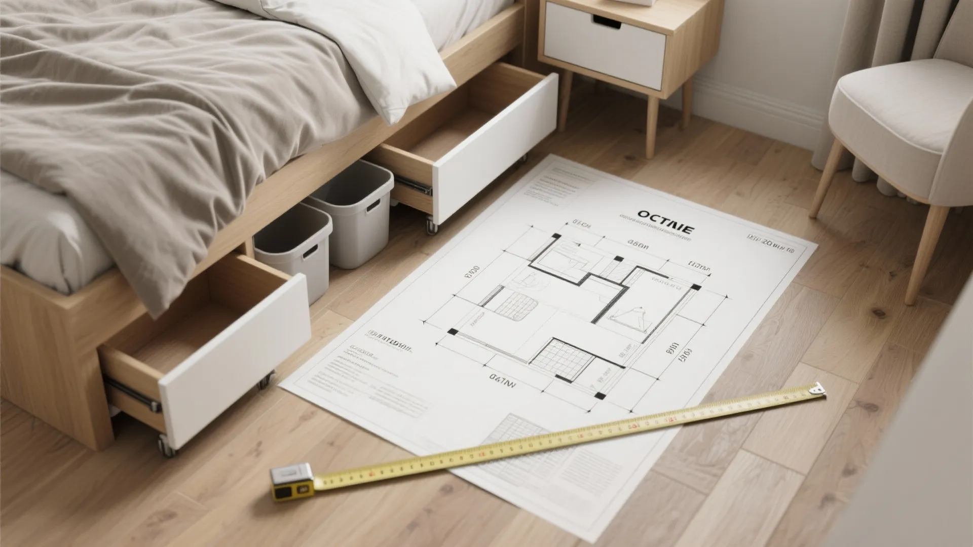 Wooden bed with open storage drawers and paper floor plan with yellow measuring tape on floor