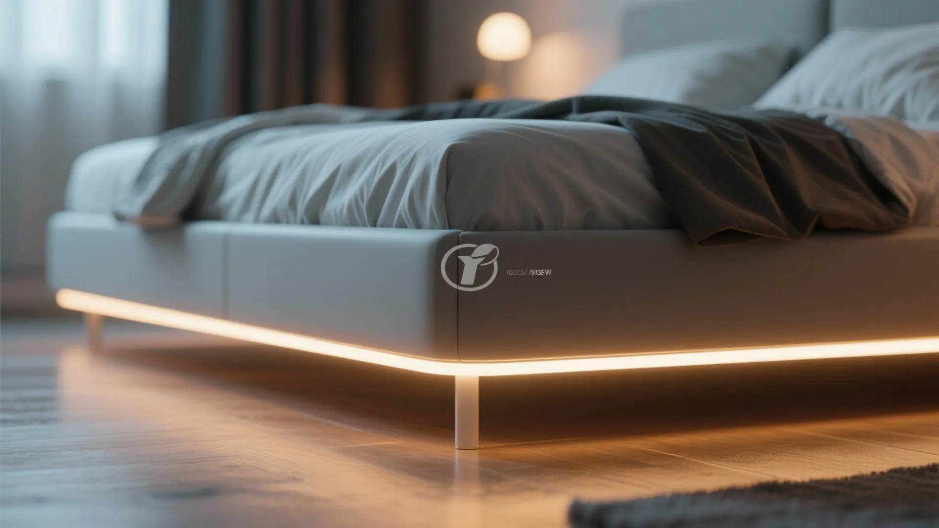 Close up of modern bed frame with warm LED strip lighting underneath on wooden floors