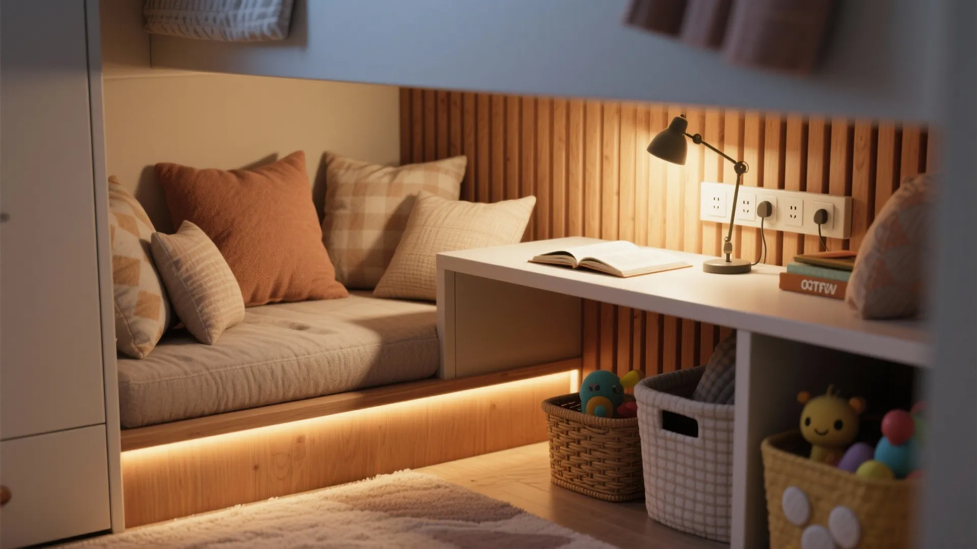 Cozy under bed reading nook with wooden wall panel small desk warm light and pillows