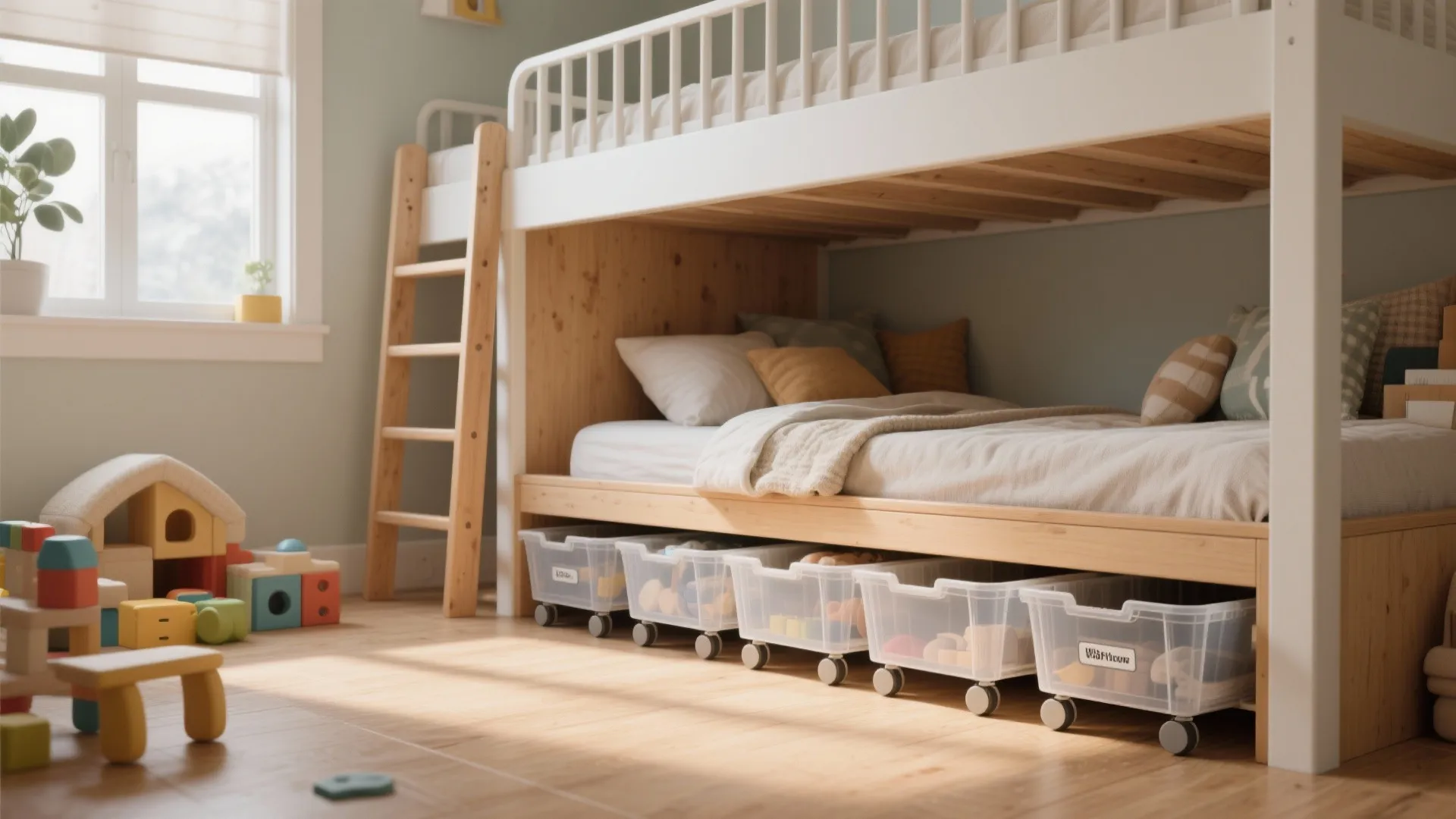 Clear plastic storage bins with wheels tucked under a wooden bunk bed in kids bedroom