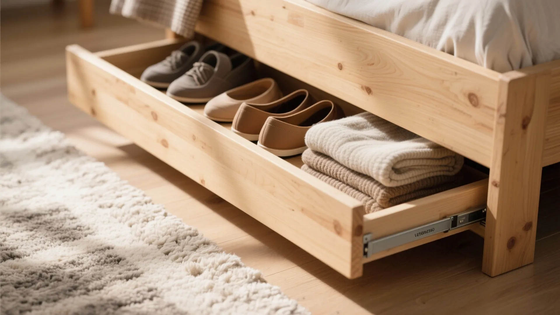 Wooden bed frame with a pullout storage drawer containing organized shoes and folded warm clothes