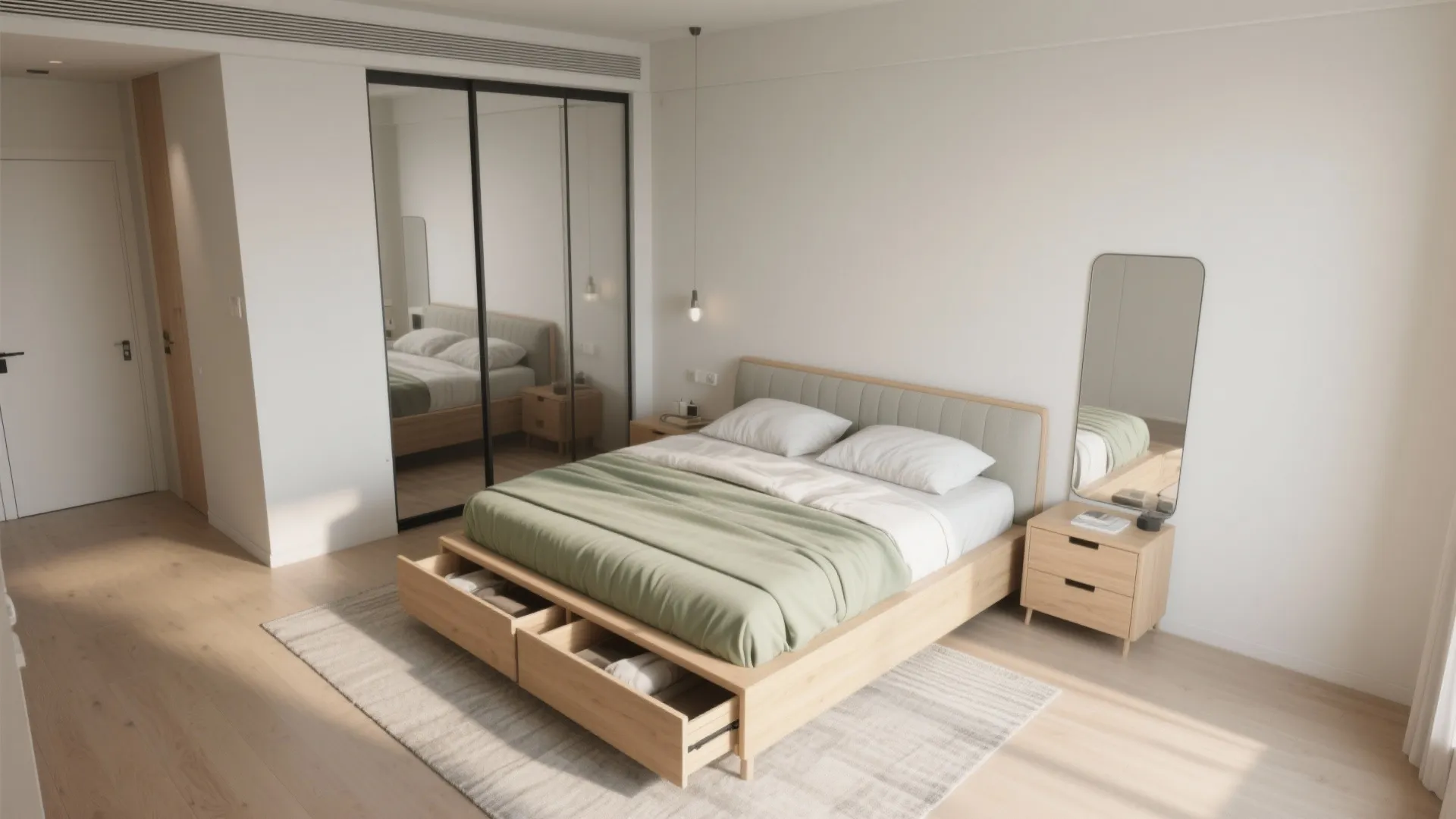 3) Underbed drawers + sliding wardrobe doors