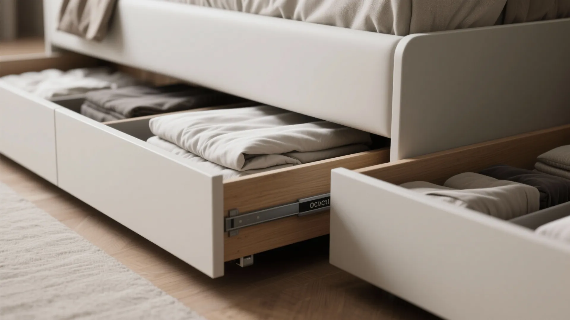 White bed frame with open wooden drawers showing organized folded clothes and light wood floor
