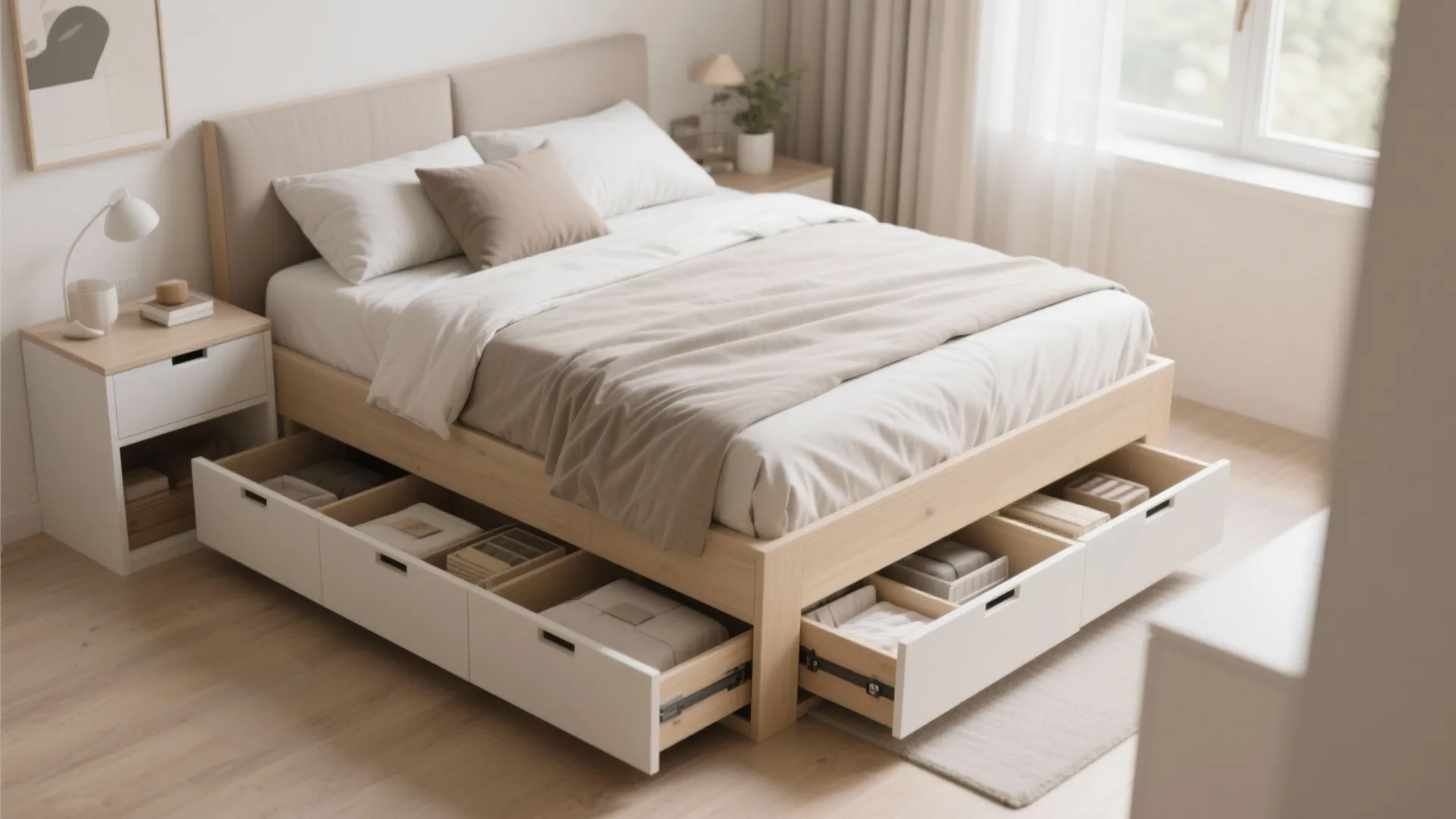 Wooden bed frame with open storage drawers for clothes in a bright and clean modern bedroom