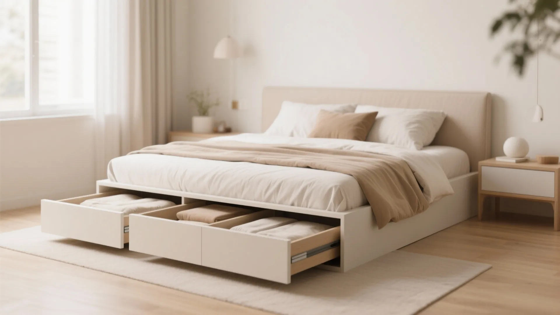 White bed frame with open storage drawers containing folded clothes on a soft beige rug