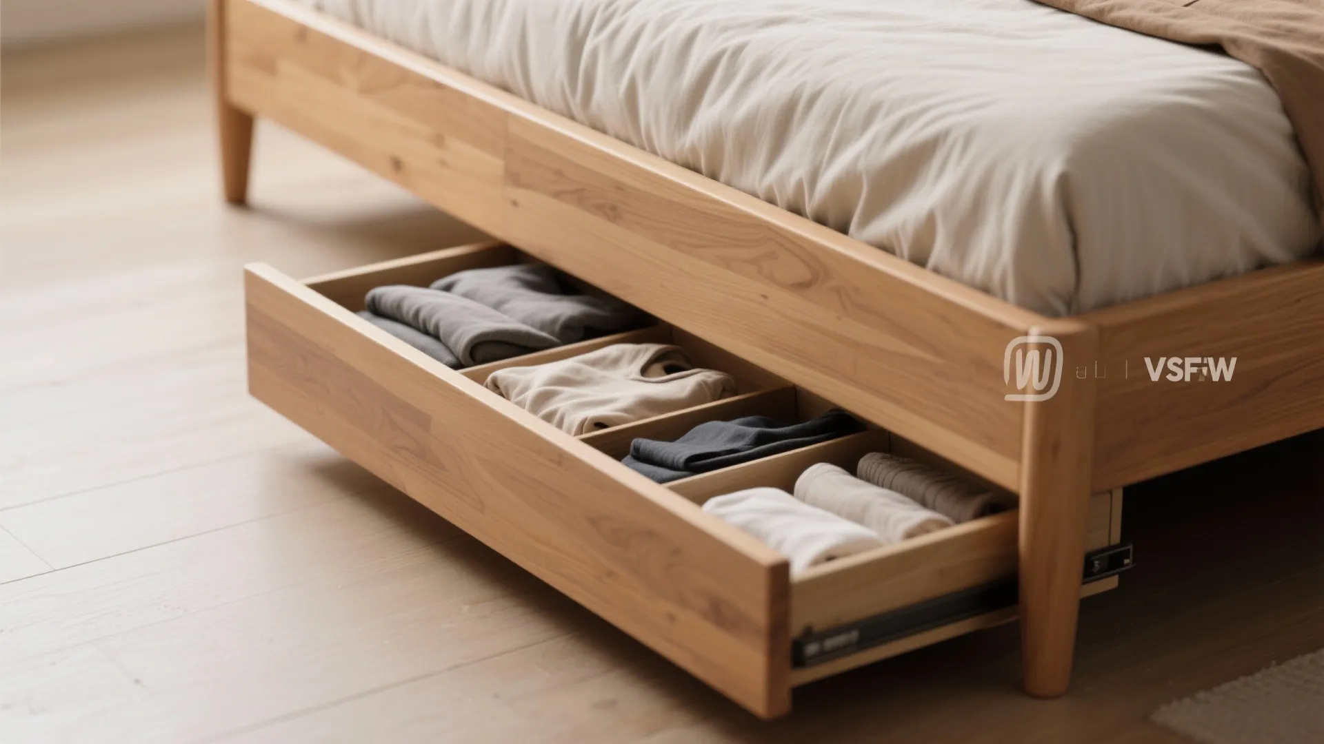 Wooden bed frame with an open storage drawer containing neatly folded clothes on wood floor