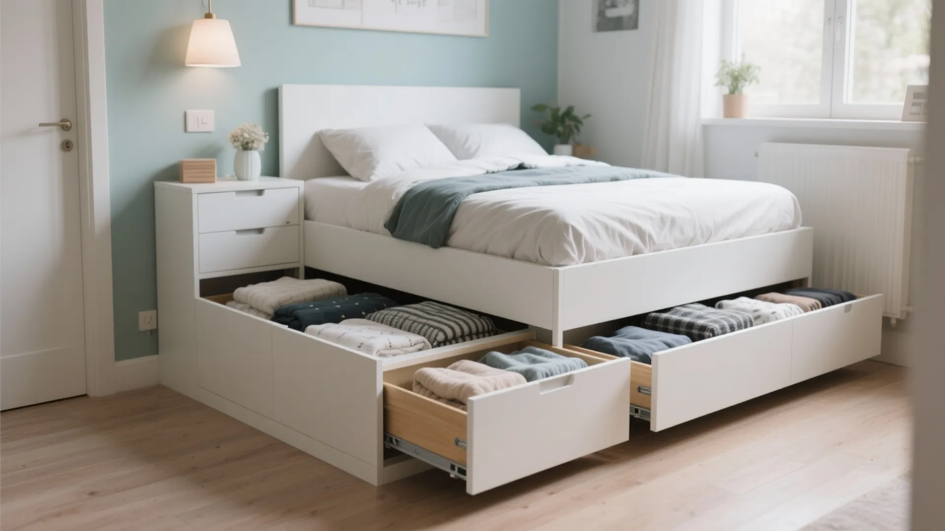 White bed with open storage drawers showing folded clothes in a modern bright bedroom design drawing