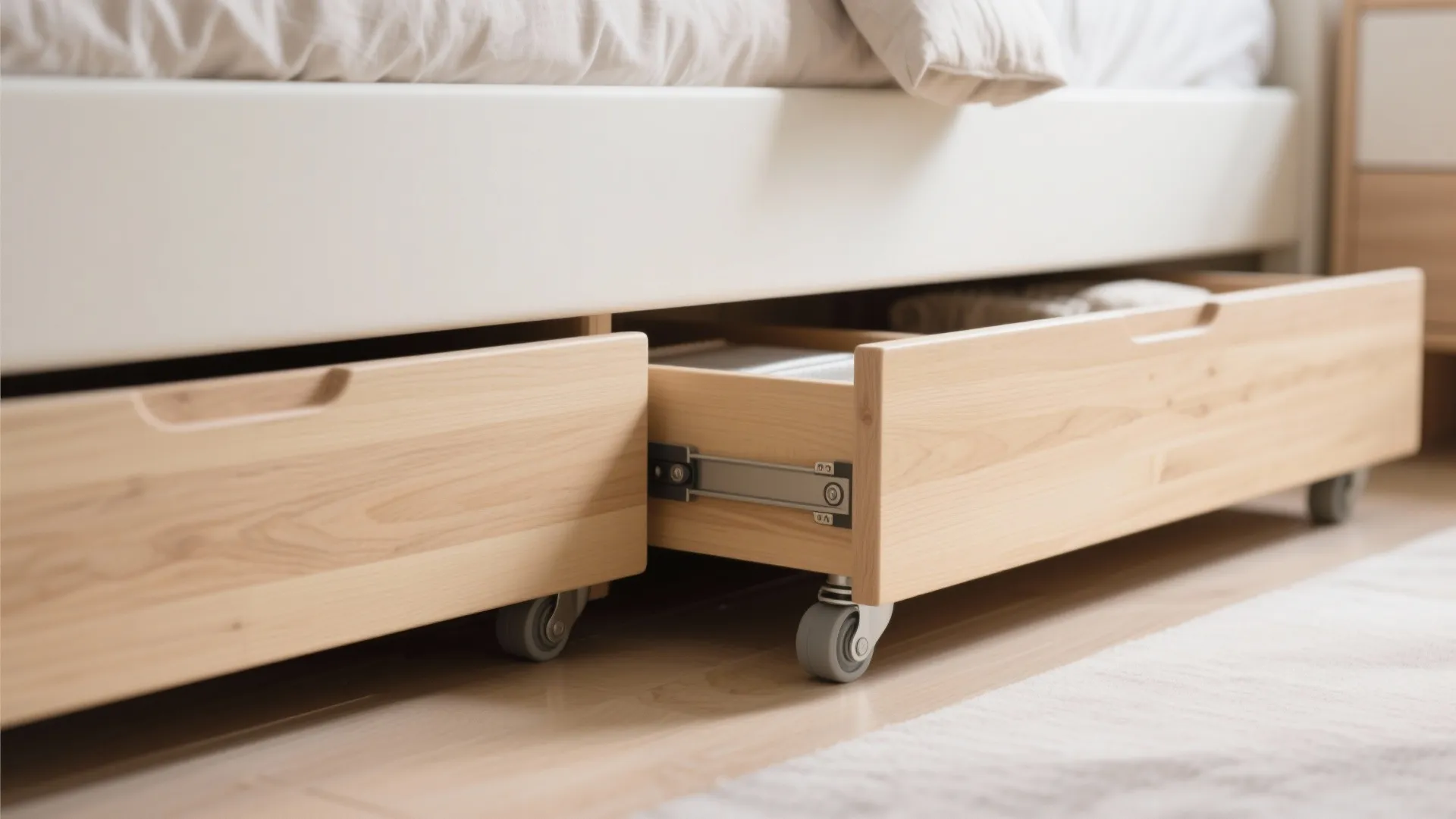 Close up of wooden underbed storage drawers with wheels pulled out on a light floor