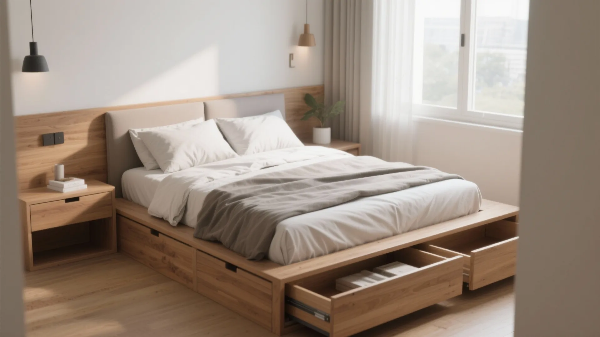 Modern wooden bed frame with open storage drawers for extra bedroom space and organization ideas
