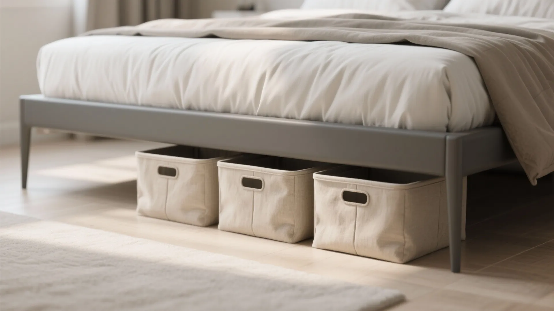 Neutral fabric storage bins under bed in small bedroom