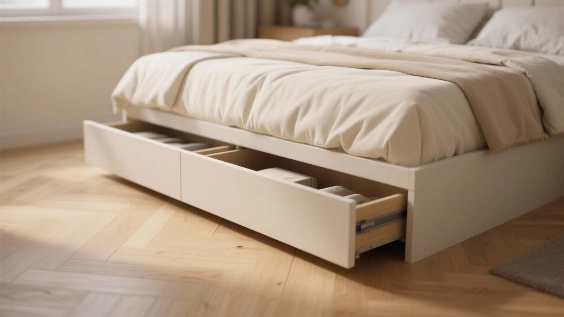 White bed frame with open storage drawer on wooden floor showing clothes inside the room
