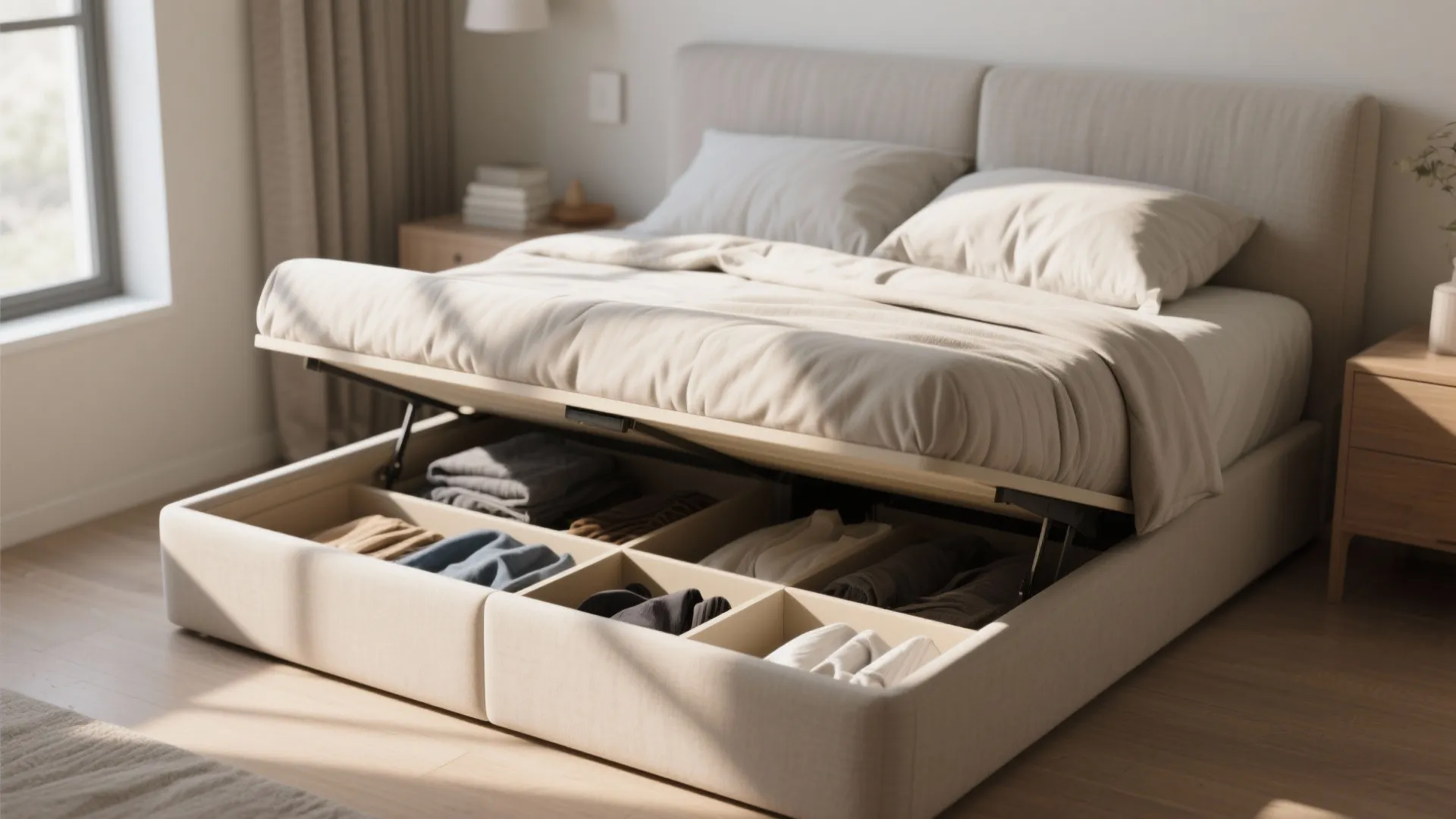 Beige bed with lifted mattress showing storage compartments filled with neatly folded clothes and pillows