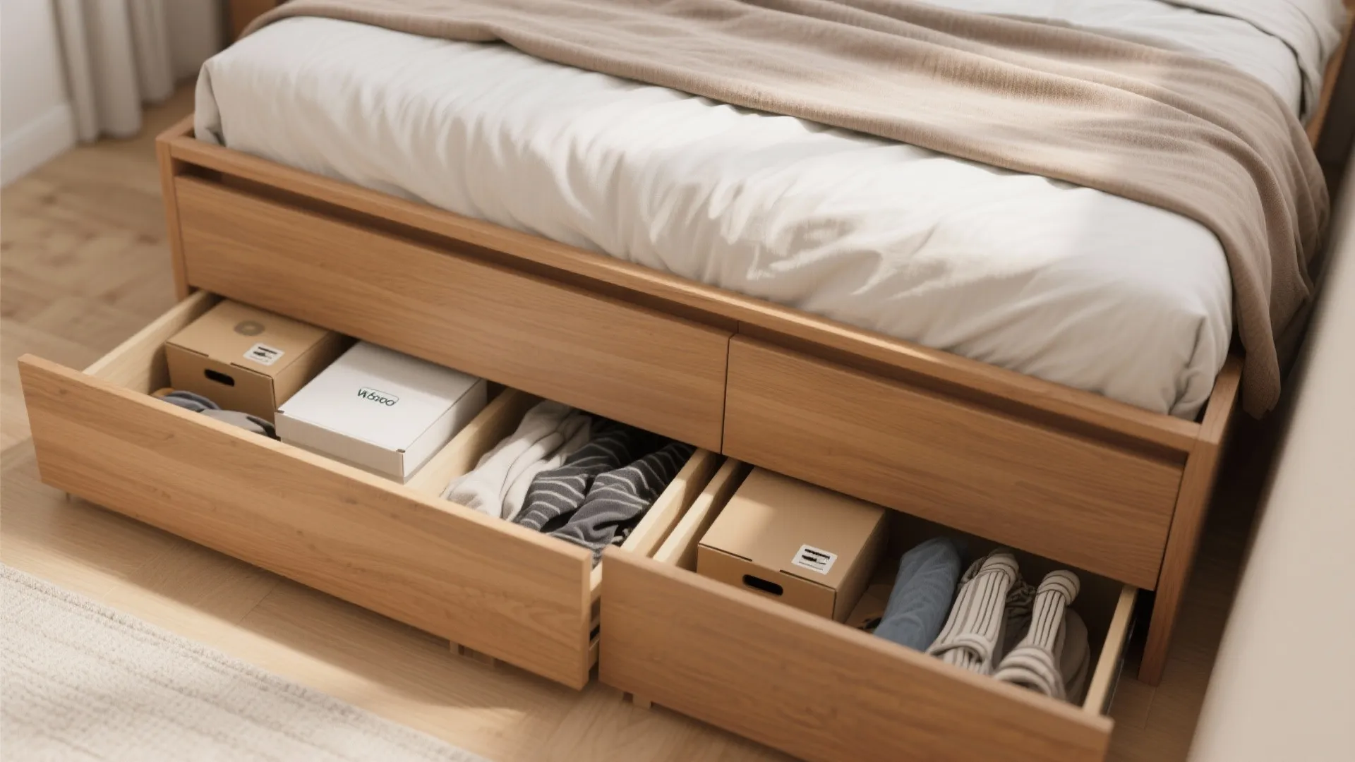Under-bed drawers storing items in small bedroom