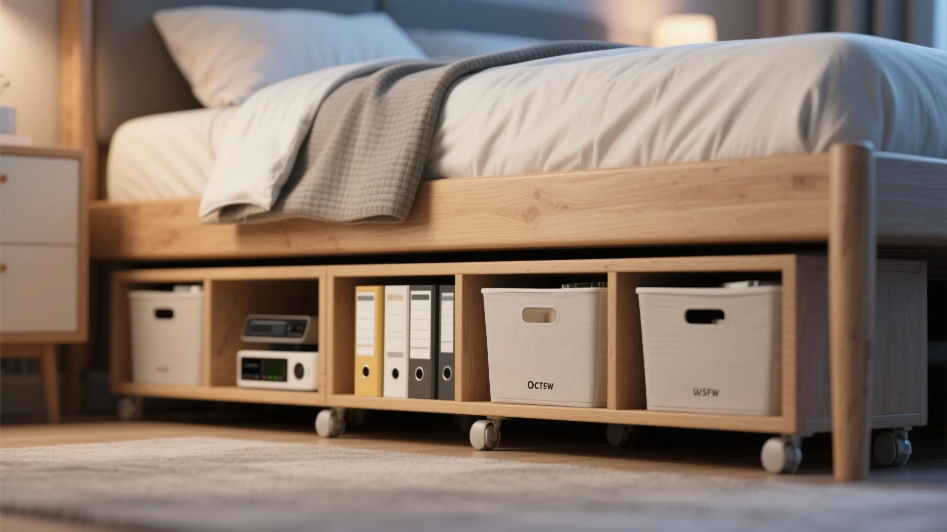 Under-bed rolling bins storing office supplies neatly