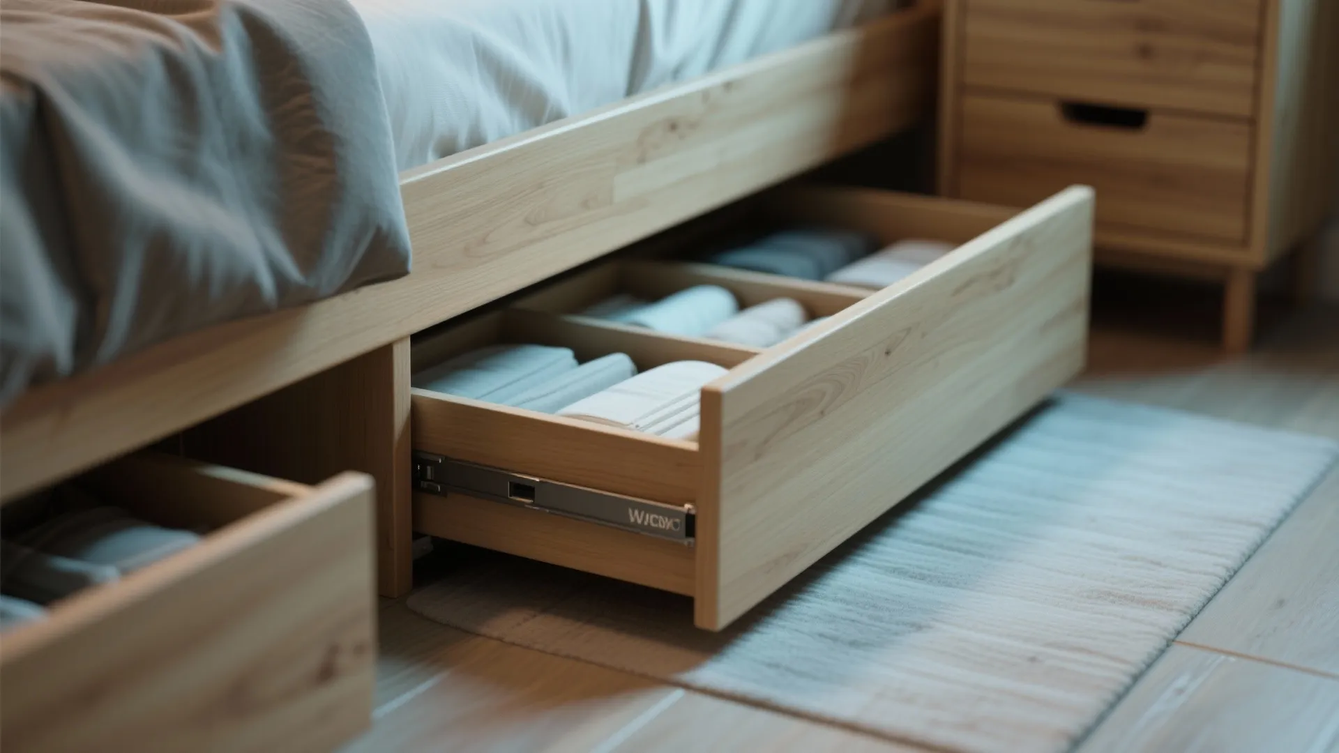 Wooden bed frame with open pull out drawer showing organized clothes storage in a bedroom