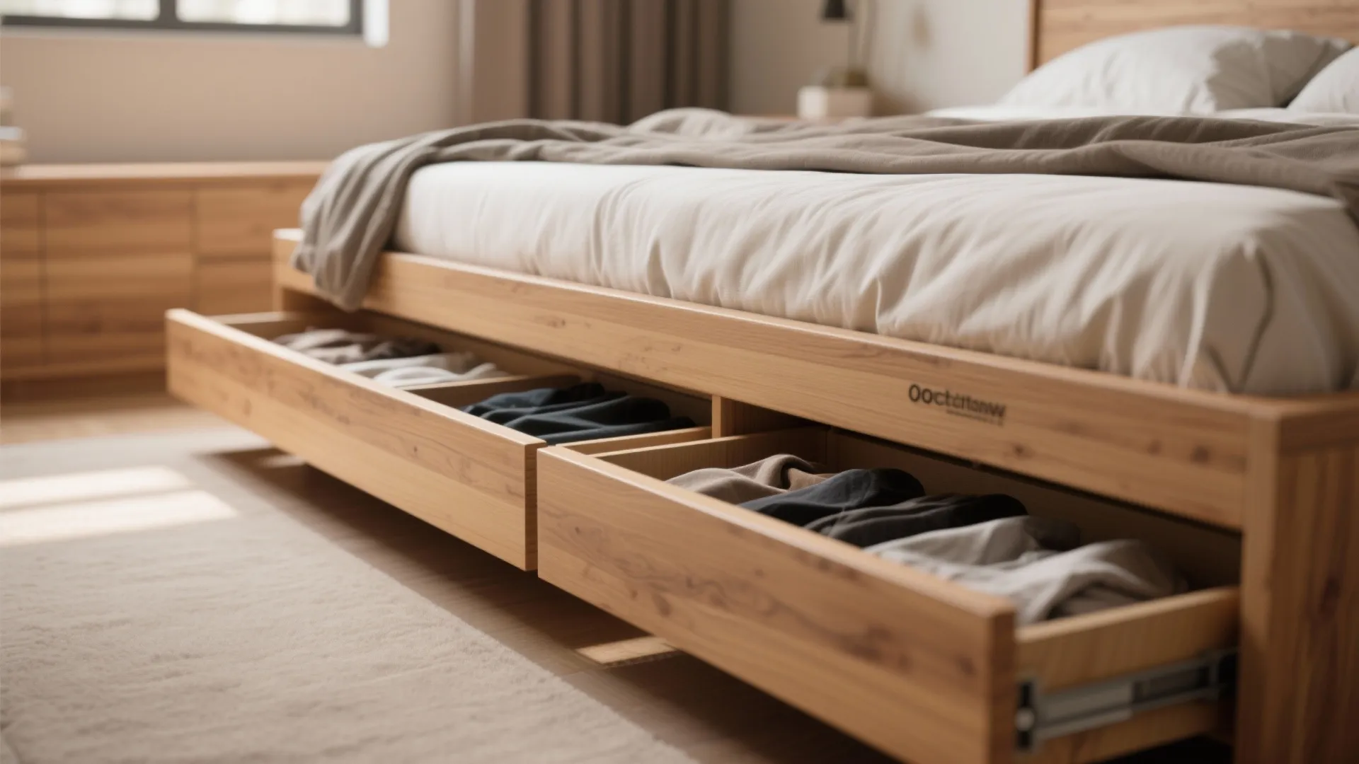 Pull-out drawer under bed storing clothes in small bedroom