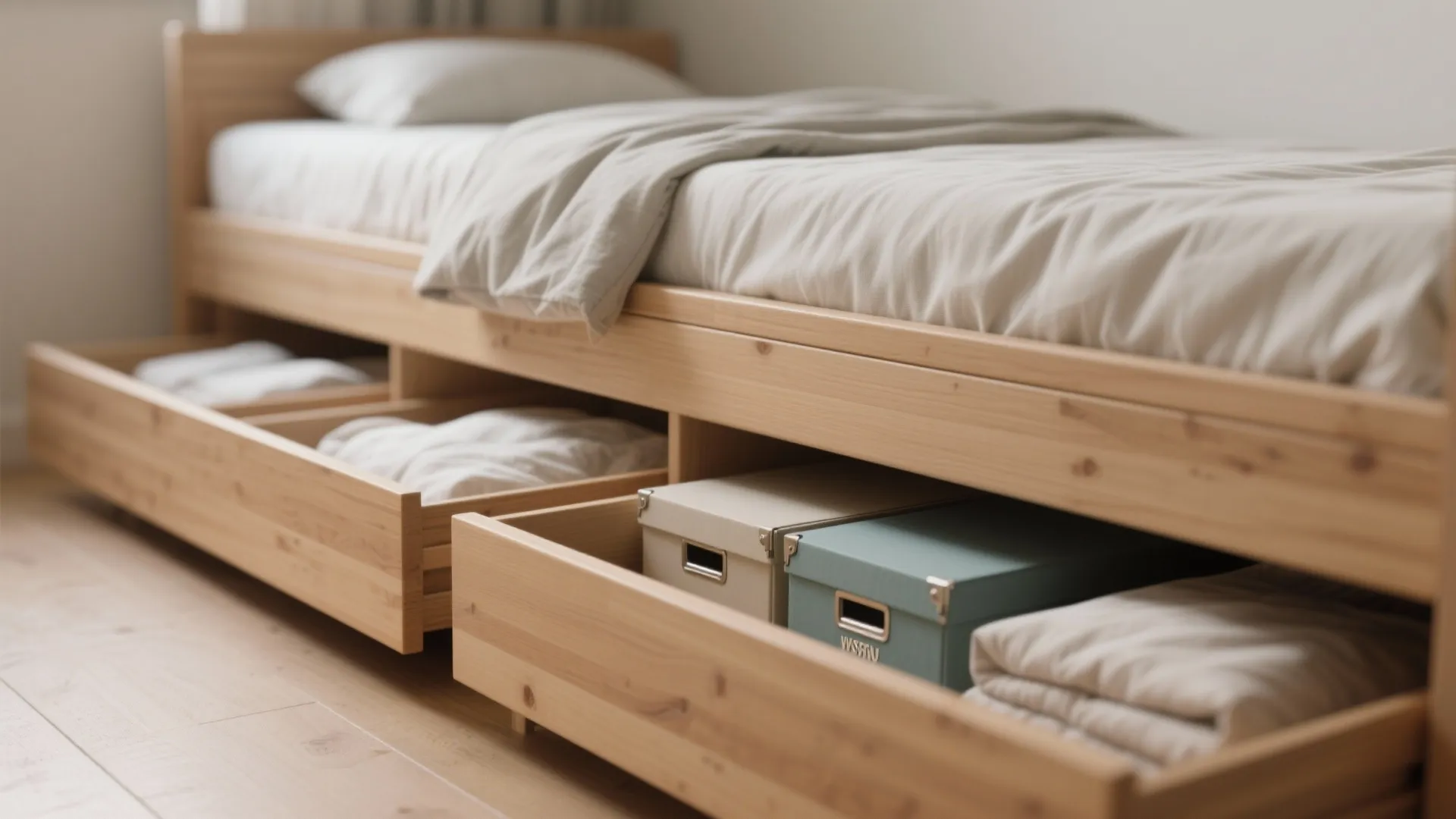 Wooden bed frame with open storage drawers containing white boxes and folded blankets on floor