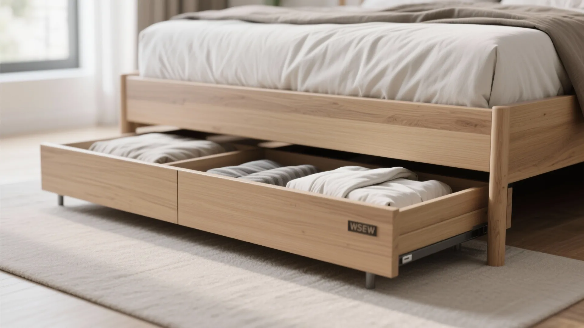 Wooden bed frame with open pull out storage drawers showing folded clothes on a rug
