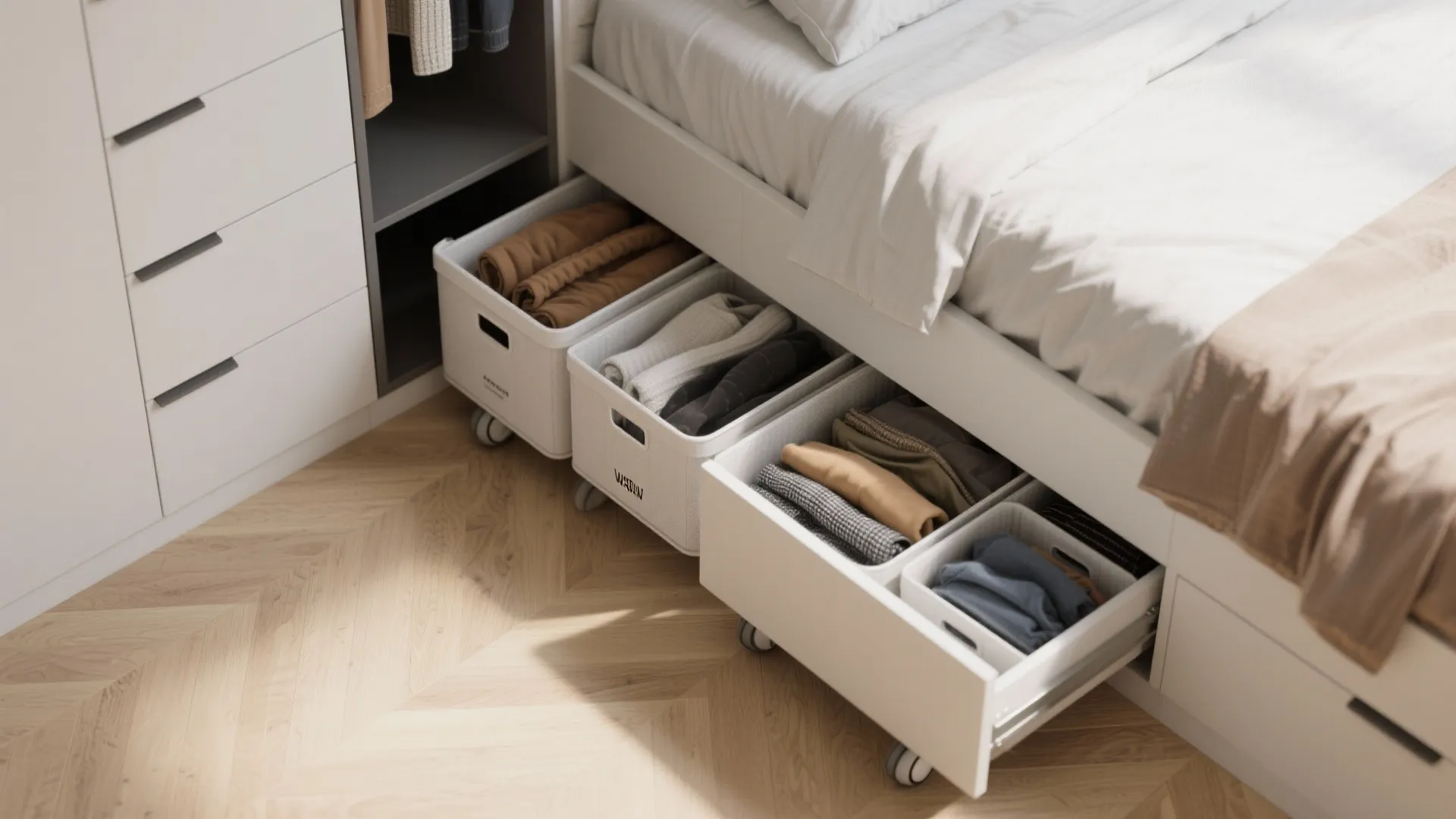 Under-bed rolling storage boxes with clothes neatly stored