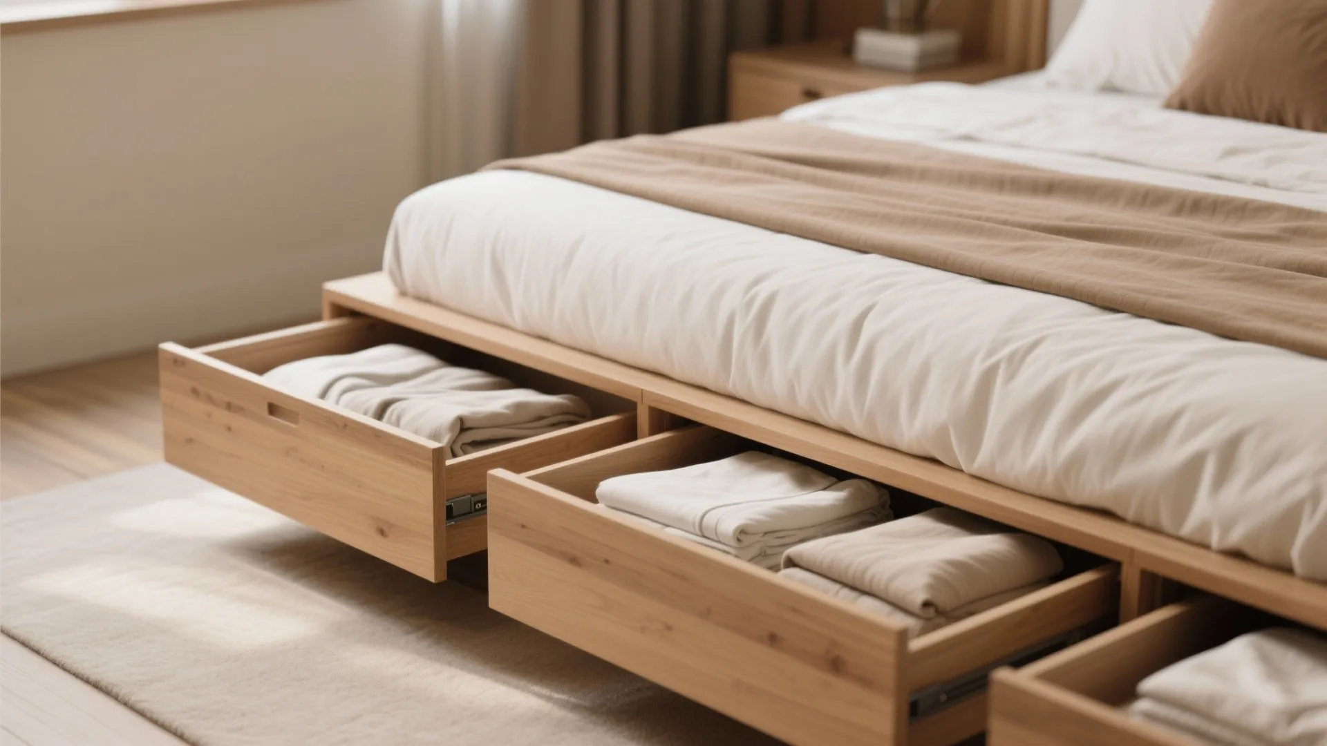 Close-up of under-bed storage drawers with linens