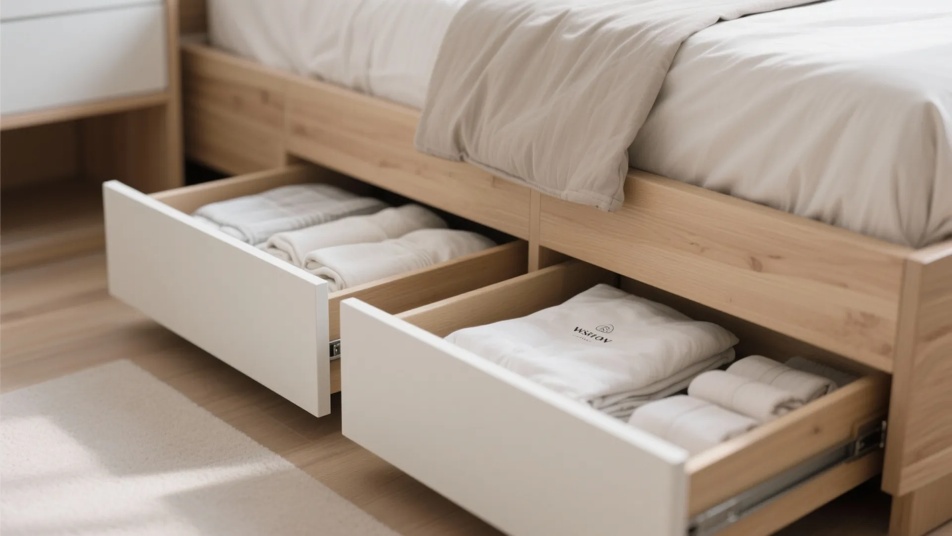 Wooden bed frame with open drawers showing neatly folded white clothes and towels for storage