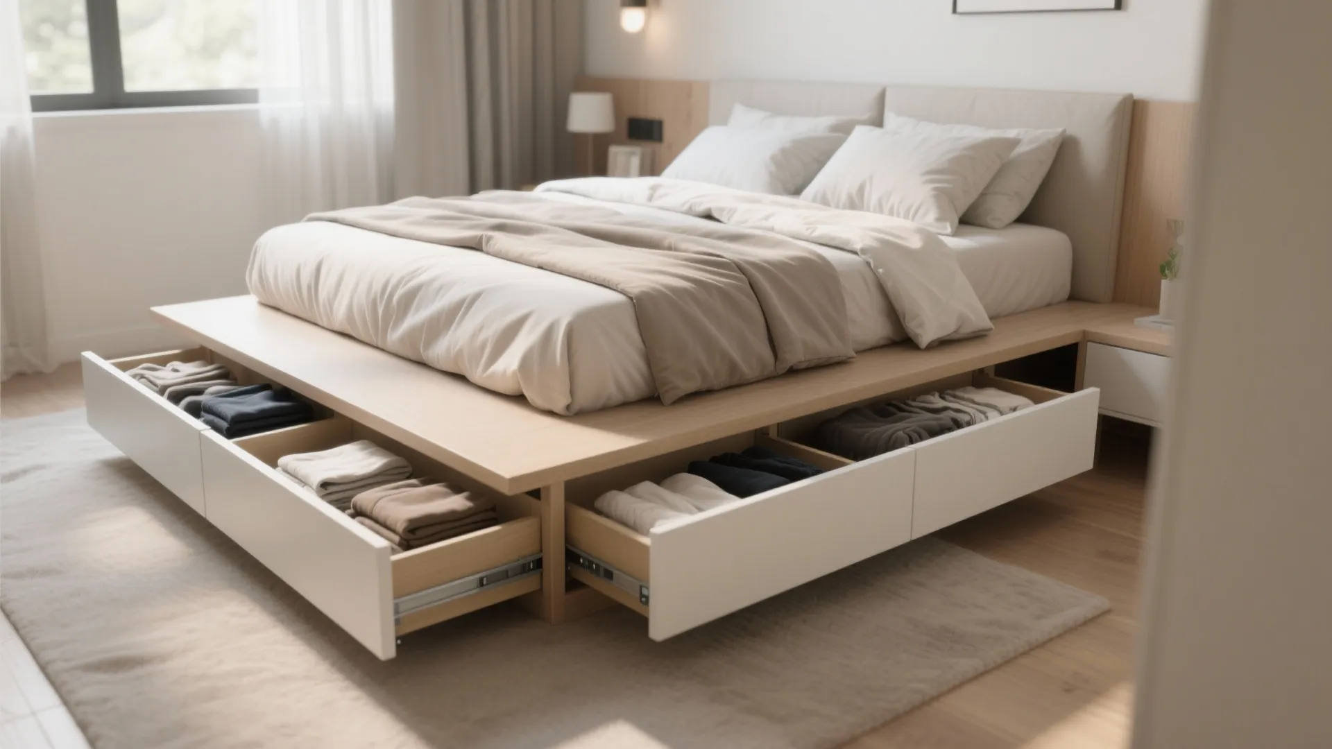 Wooden bed frame with open storage drawers showing folded clothes inside a modern bright bedroom