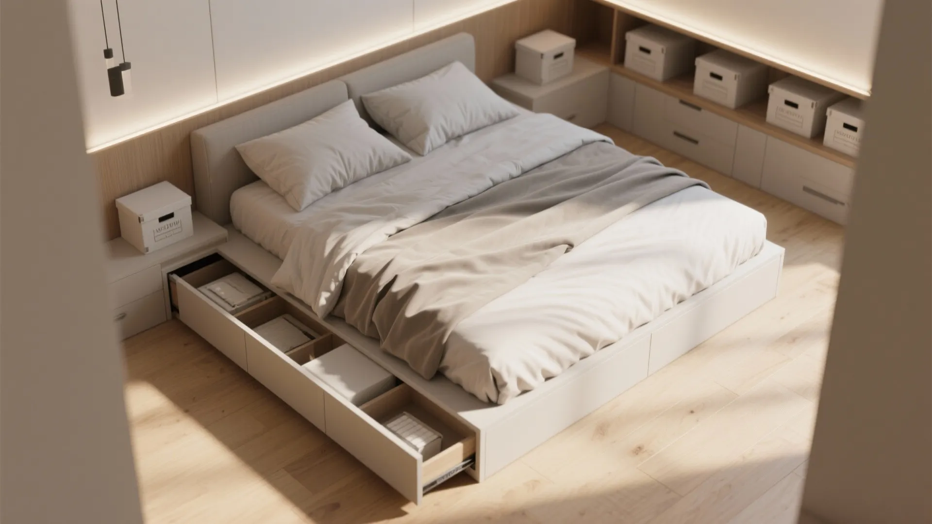 White bed with open storage drawers showing clothes inside next to a large corner cabinet unit