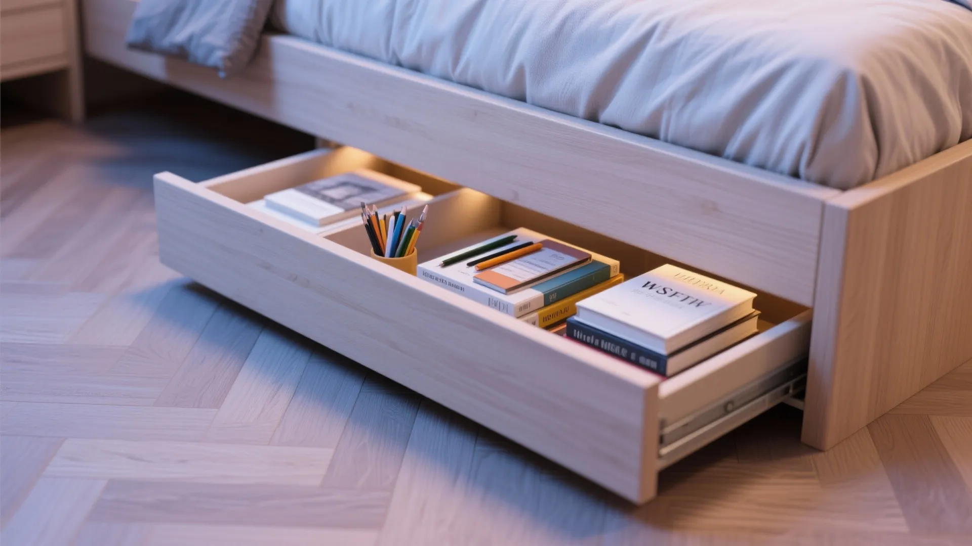 Under-bed sliding drawer holding neatly arranged books and stationery