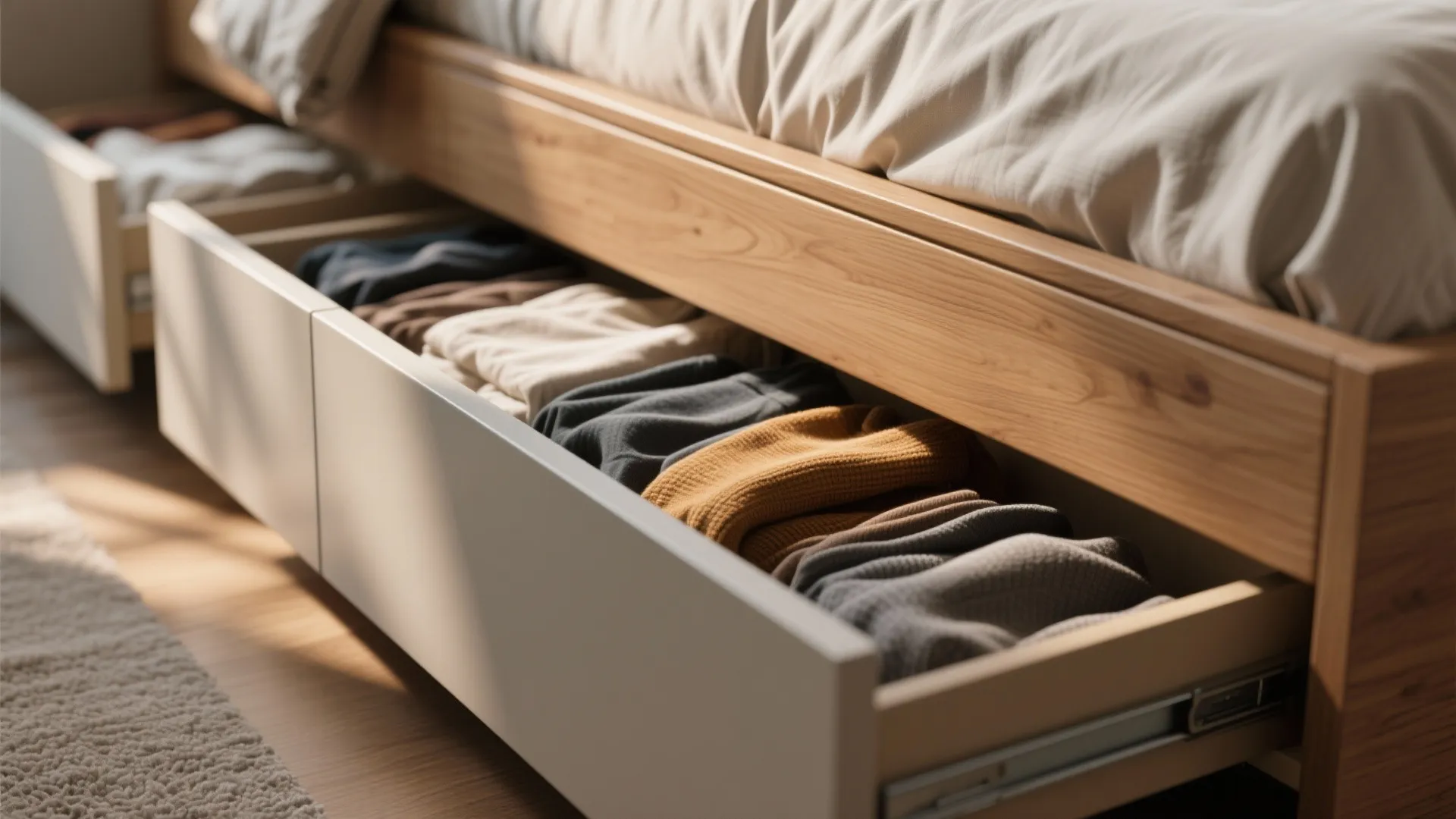 Wooden bed frame with open pull out drawer showing neatly folded colorful clothes for storage