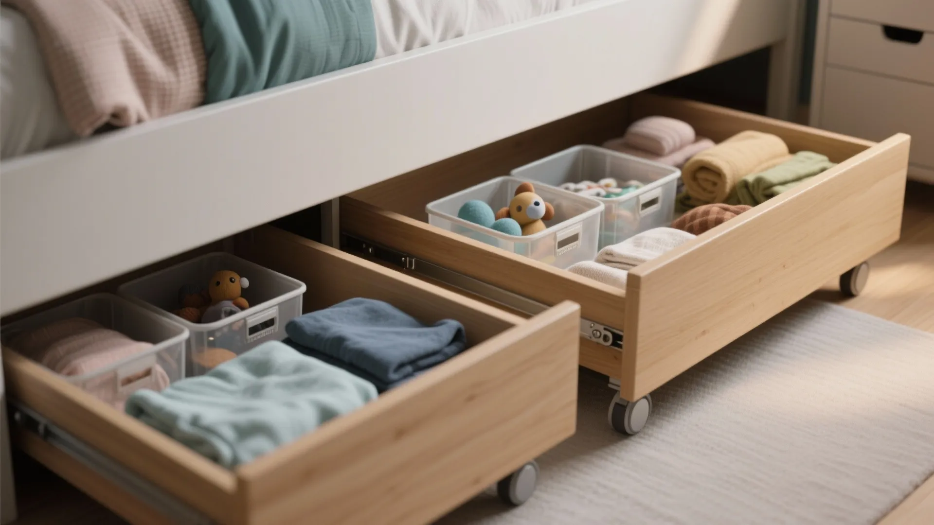 Close-up of deep under-bed drawers and rolling storage boxes beneath a twin bed