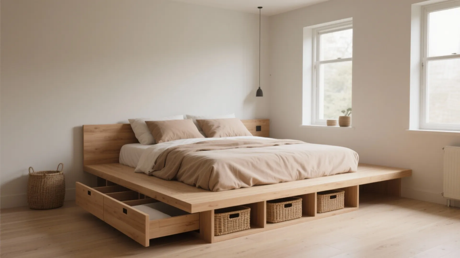 Raised queen bed on a low platform with shallow drawers and woven baskets underneath in a small bedroom.