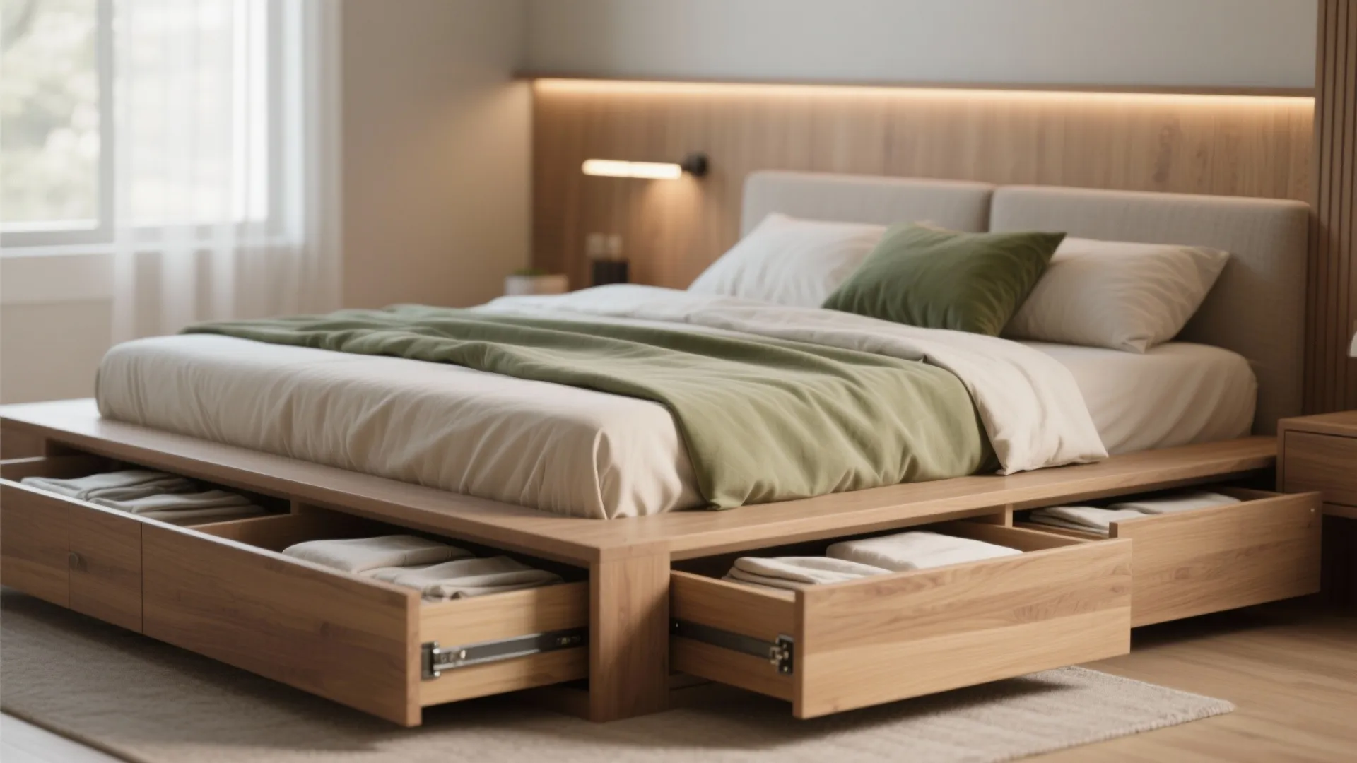 Low platform bed with integrated under-bed drawers and a slim wall-mounted headboard in warm neutrals.