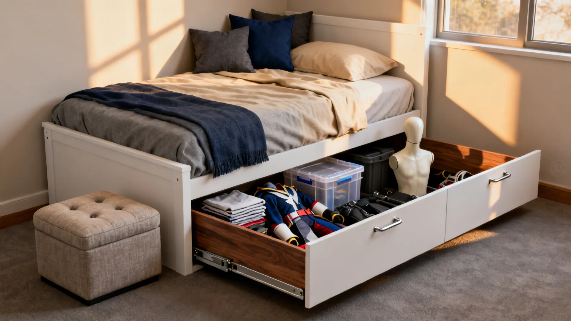 Dorm bed with under-drawers and ottoman storage keeping cosplay and posters neatly hidden.