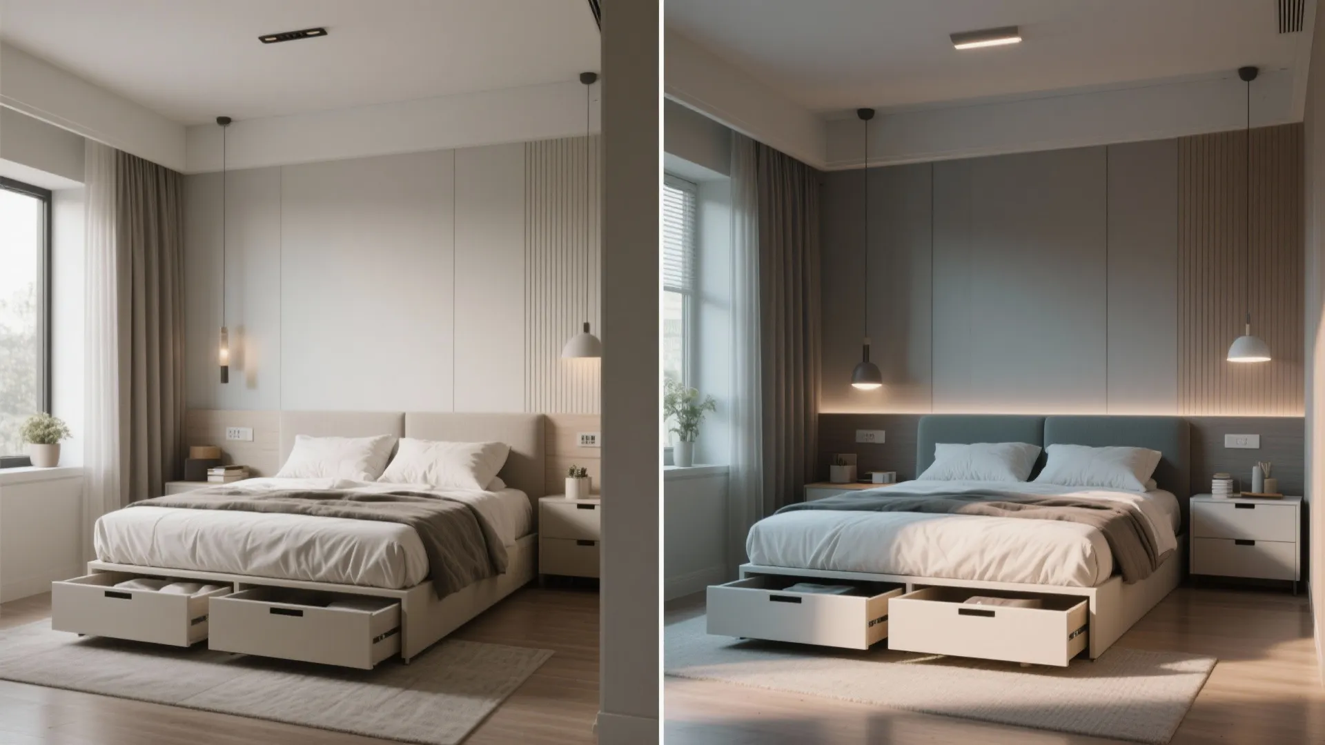 Before and after adding storage drawers under a bed