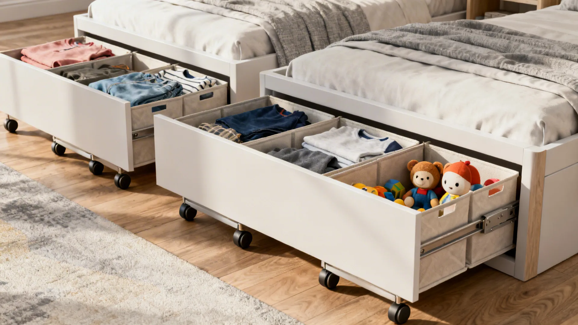 Close-up of deep pull-out drawers and rolling bins under twin beds for organized storage
