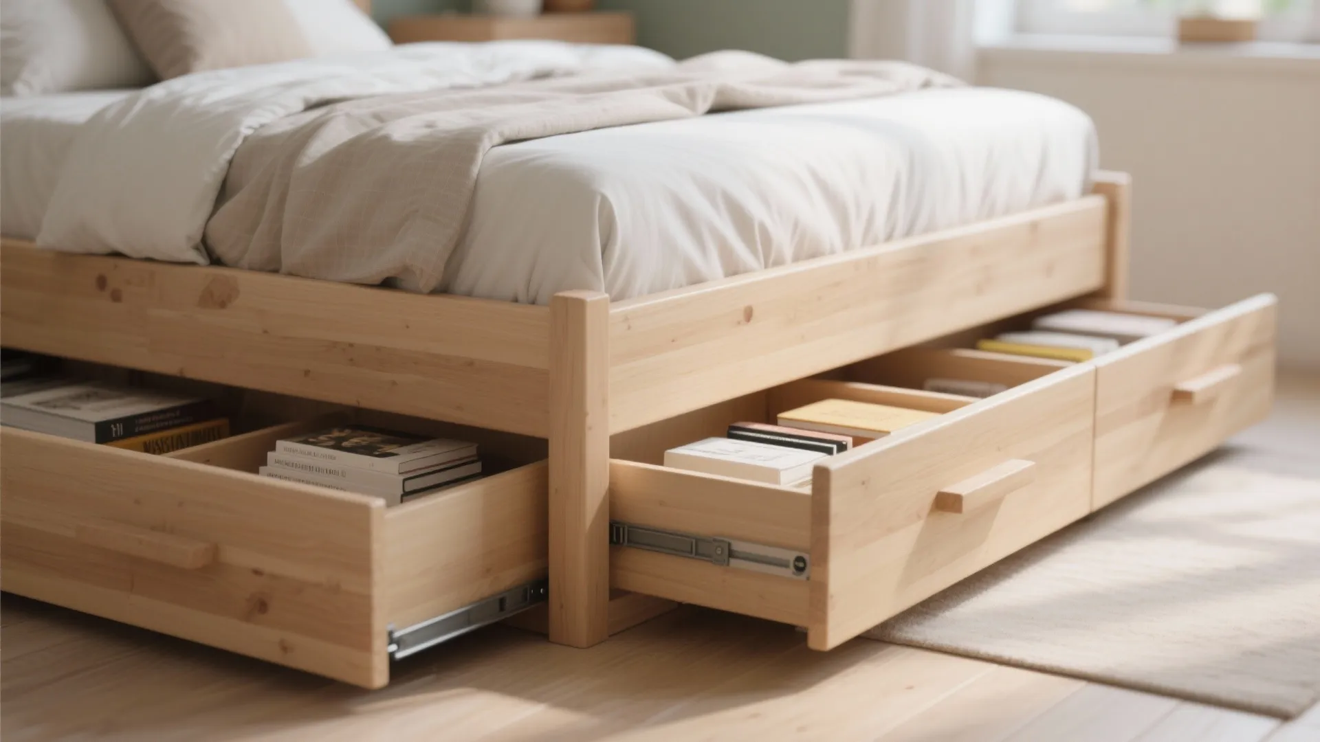 Light wood bed frame featuring two open storage drawers filled with books in a room