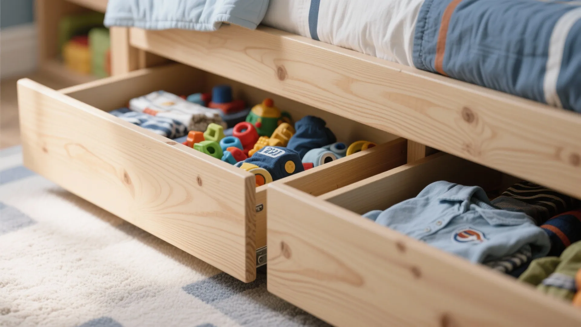 Two open wooden drawers under a bed filled with colorful toys and folded blue clothes