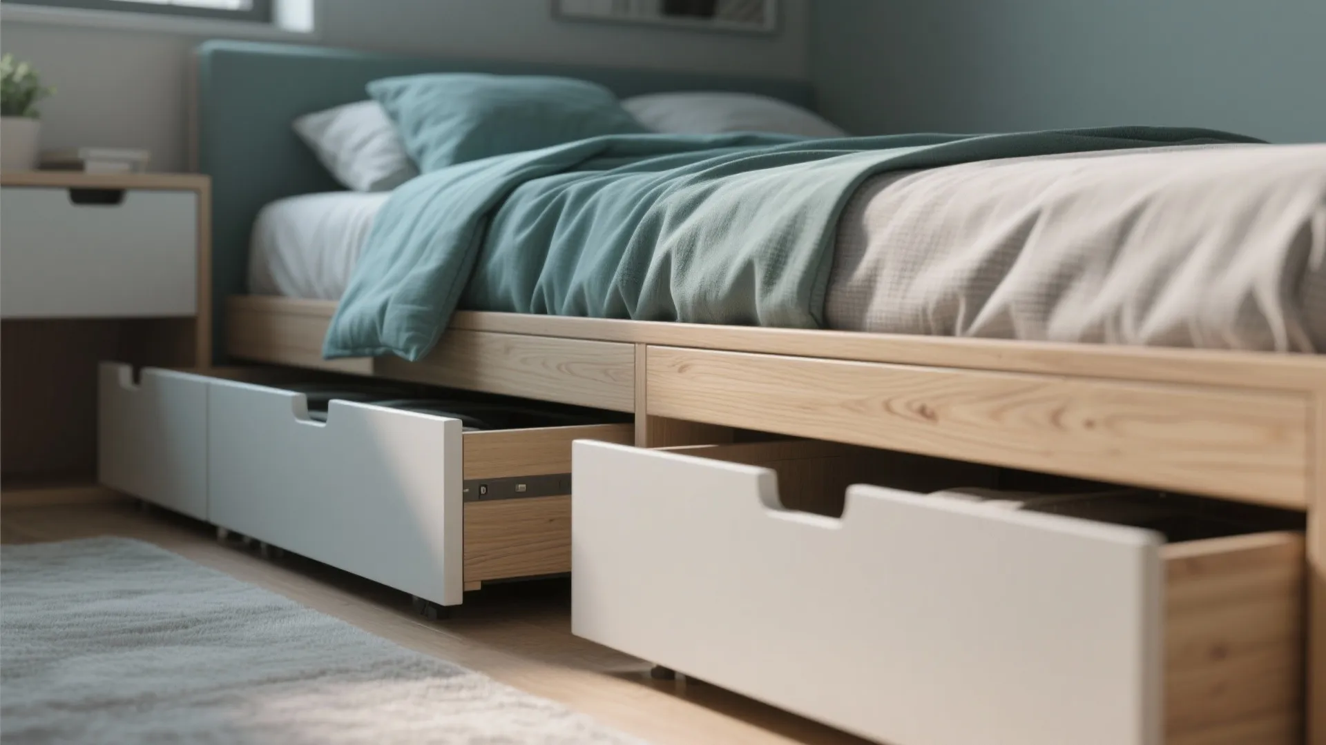 Wooden bed frame with open white storage drawers underneath in a tidy and clean bedroom