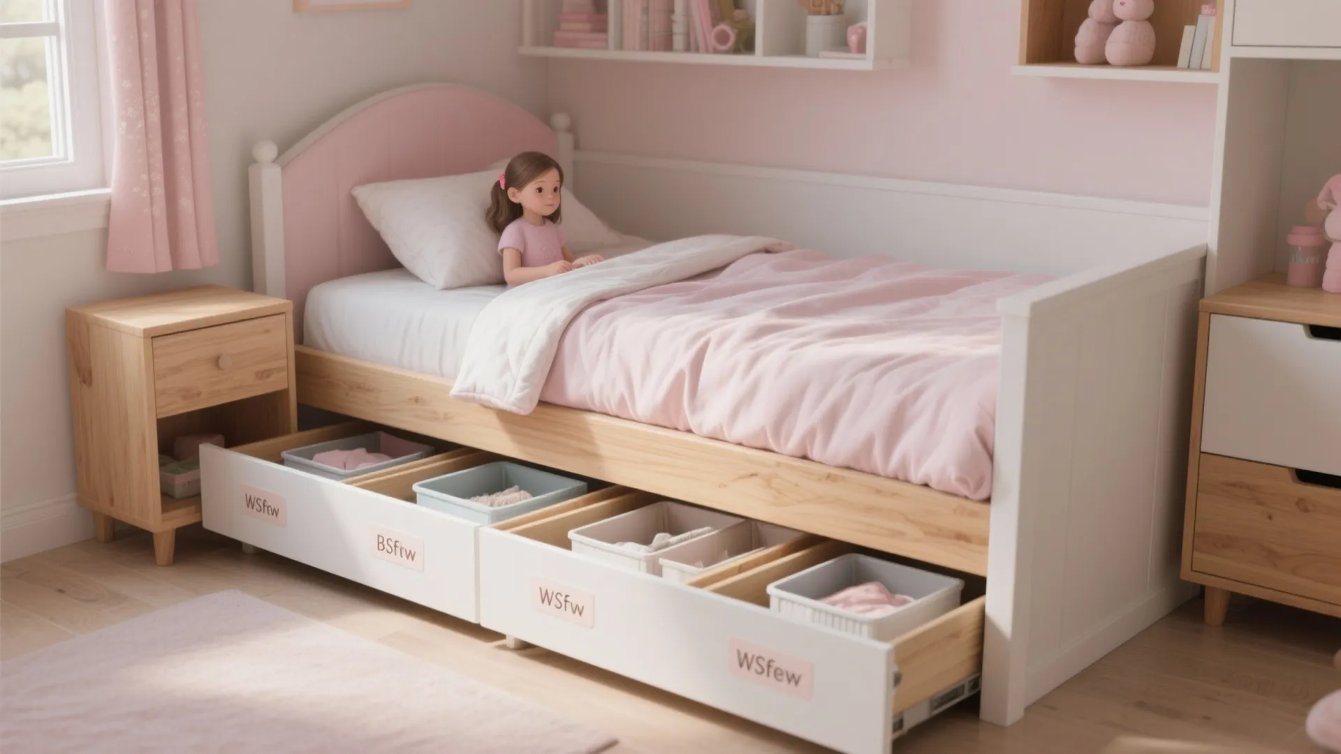 White wooden bed with built in storage drawers containing organizers for a neat girls pink bedroom