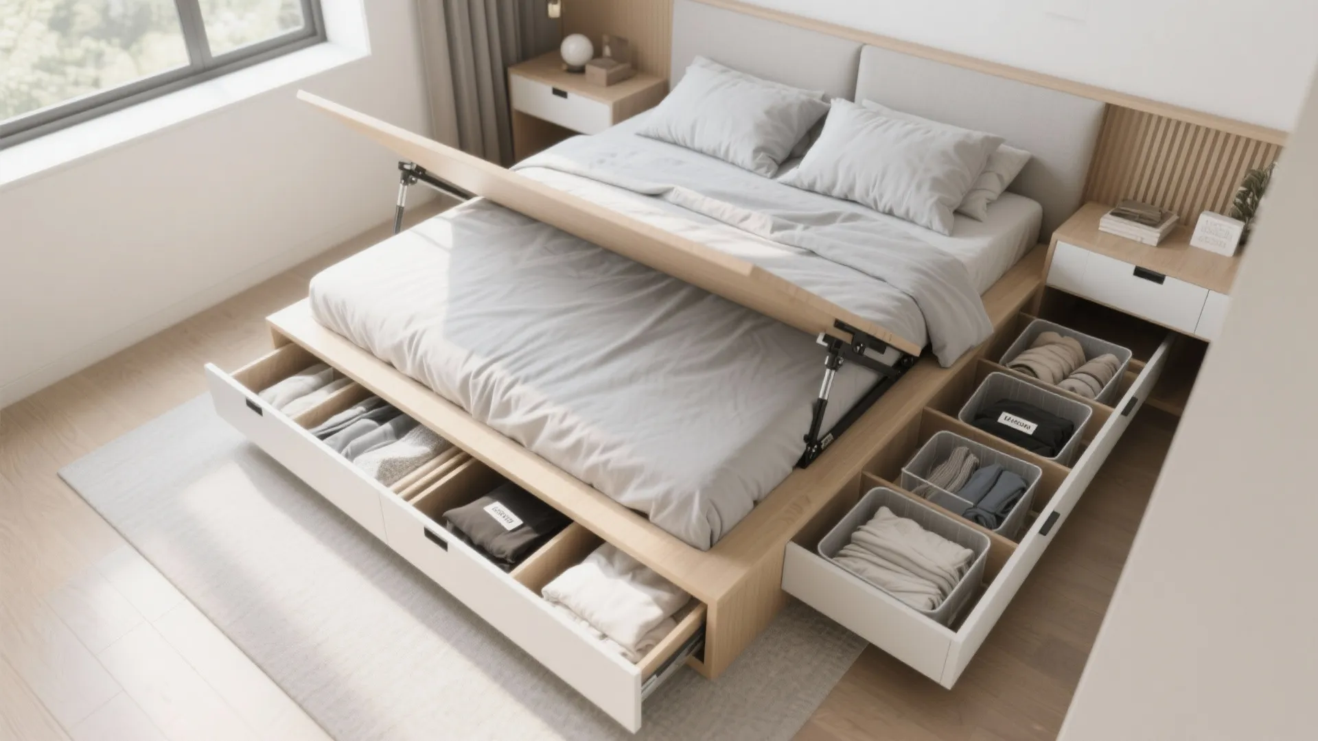 Top-down view of platform bed with open under-bed drawers and organized storage.