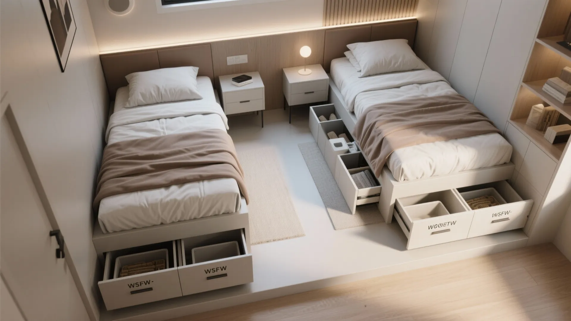 Top-down view of twin beds with built-in under-bed drawers and clear circulation paths.