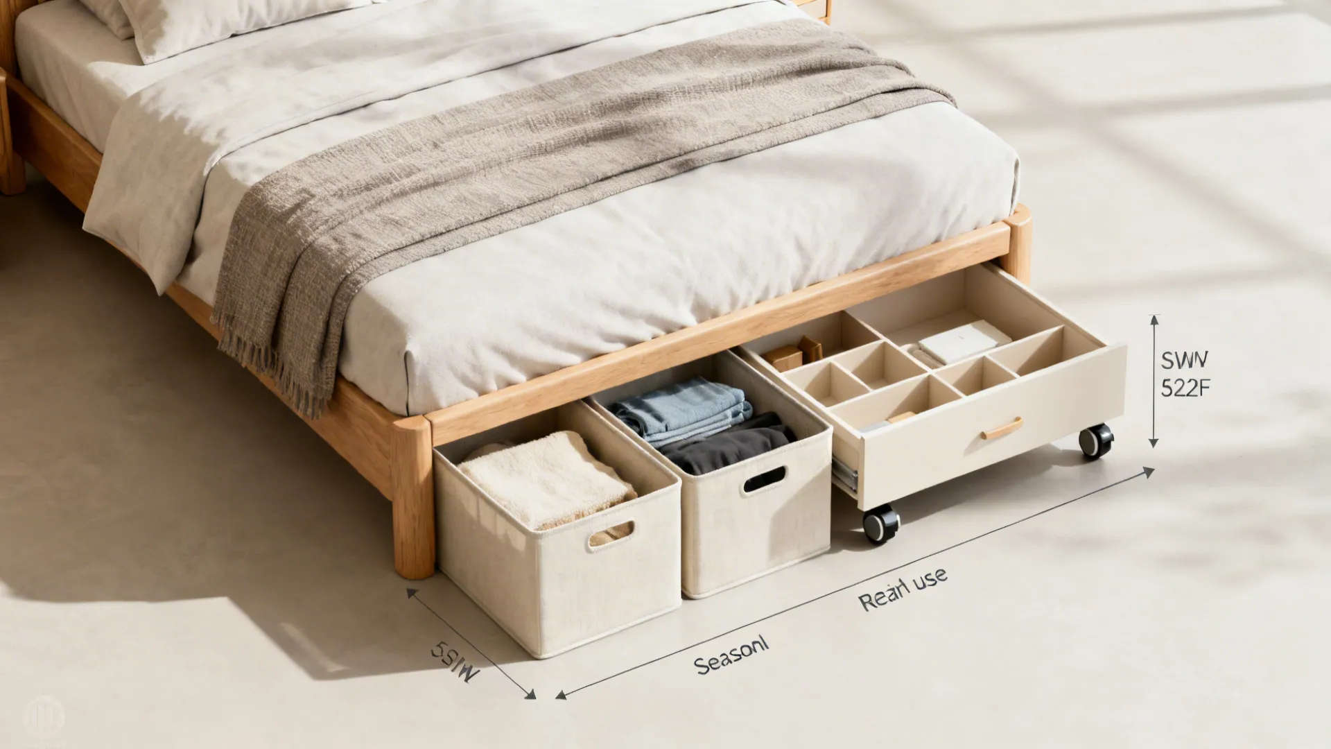 Top-down view of organized under-bed zones with rolling bins and shallow drawers.