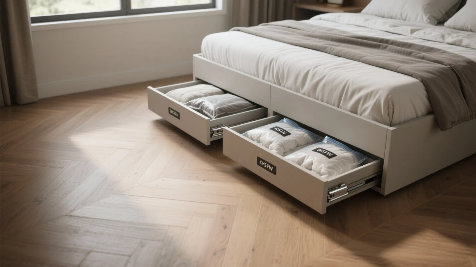 Top-down view of under-bed sliding trays with vacuum bags storing bulky batting and linens.