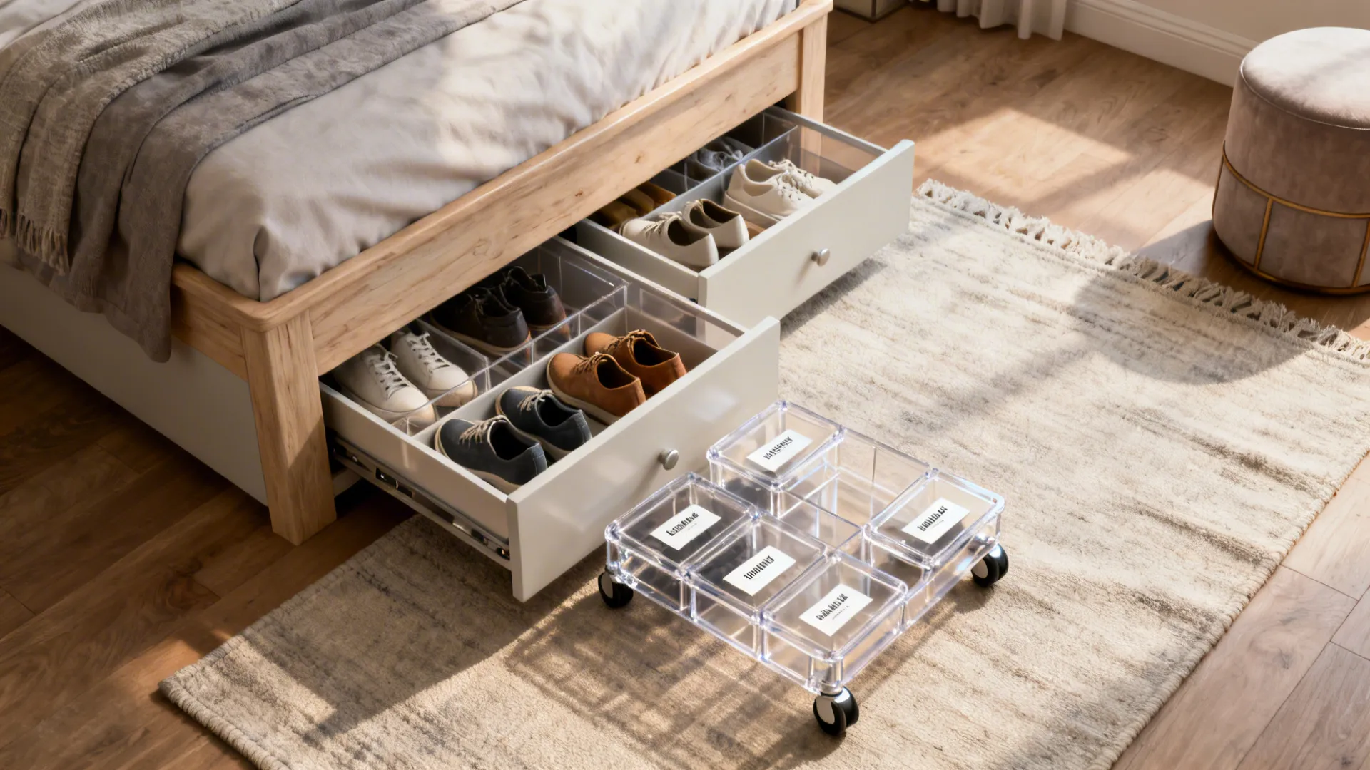 Top-down view of under-bed drawers and rolling trays storing shoes with labels